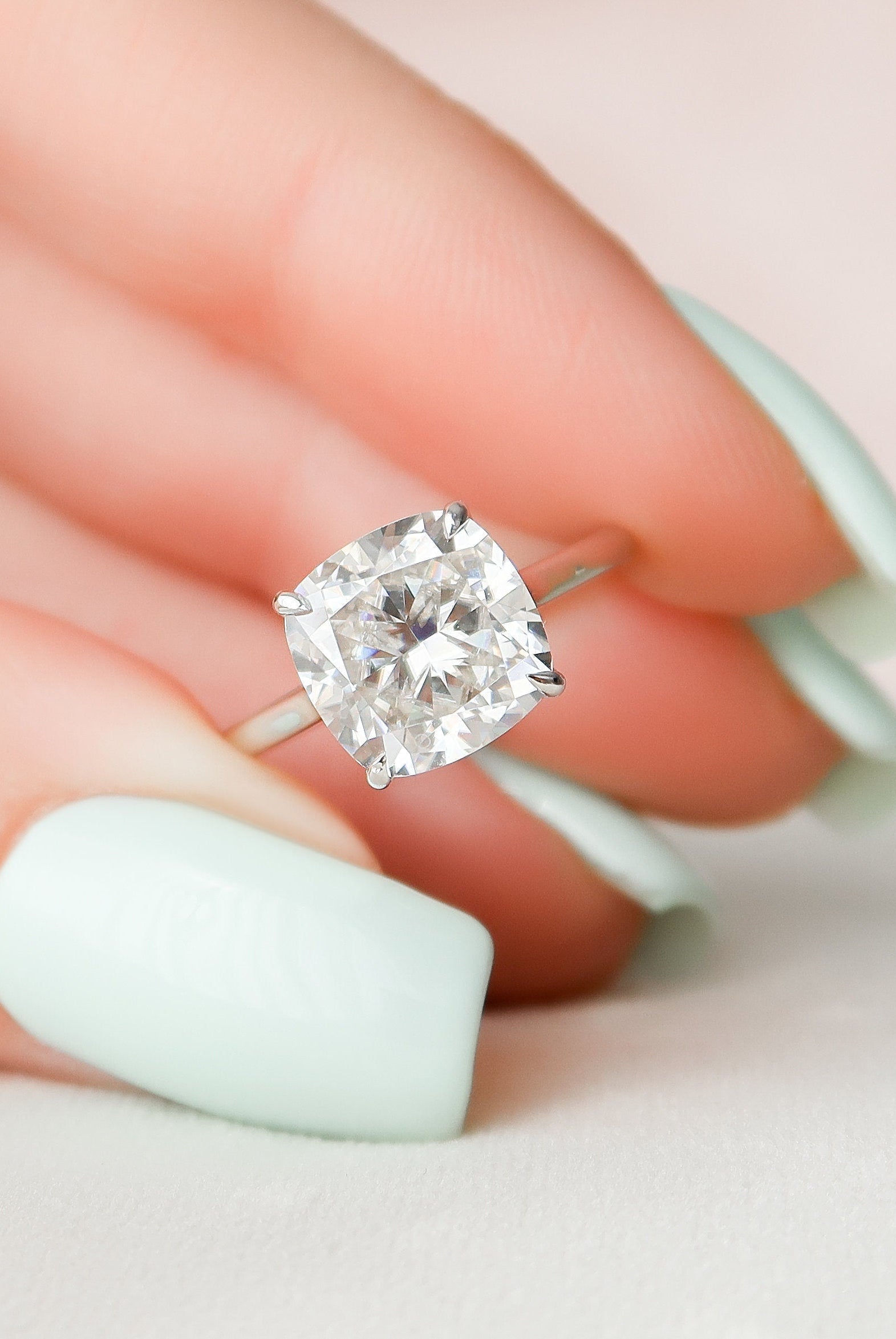 4.0CT Cathedral Set Cushion Moissanite Diamond Hidden Halo Engagement Ring