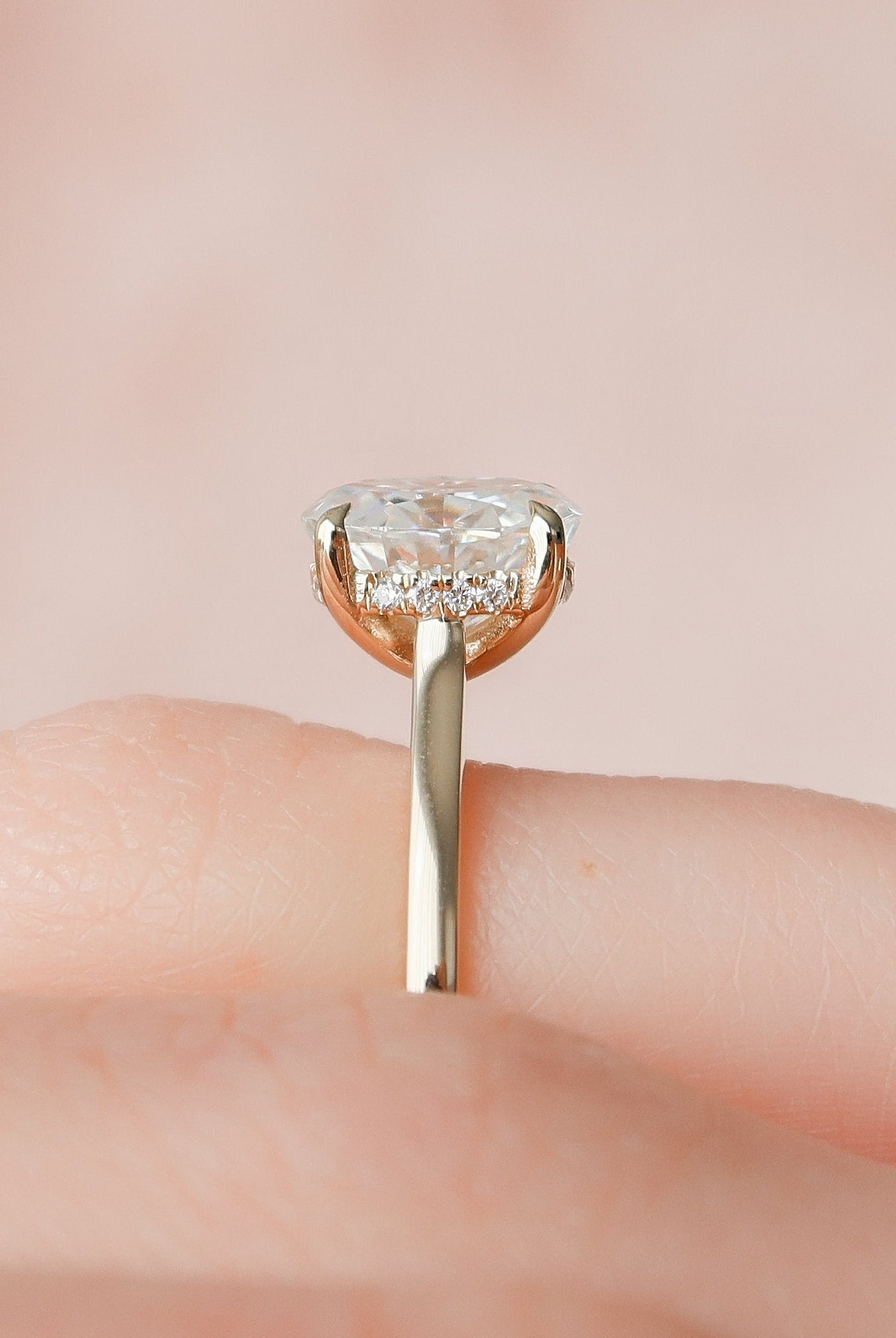 1.5CT Cathedral Set Oval Moissanite Diamond Hidden Halo Engagement Ring