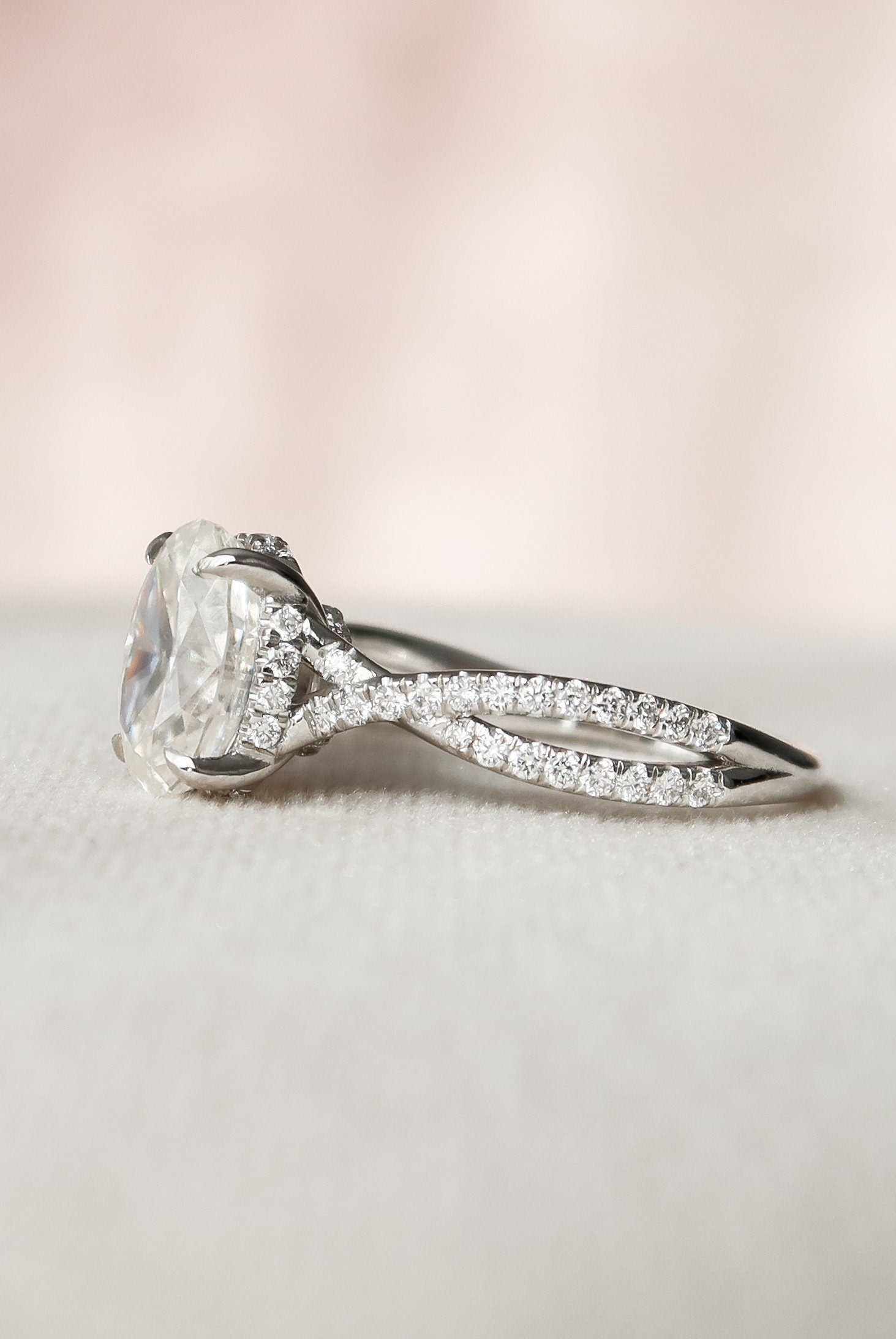 1.50CT Oval Split Shank Moissanite Diamond Hidden Halo Engagement Ring