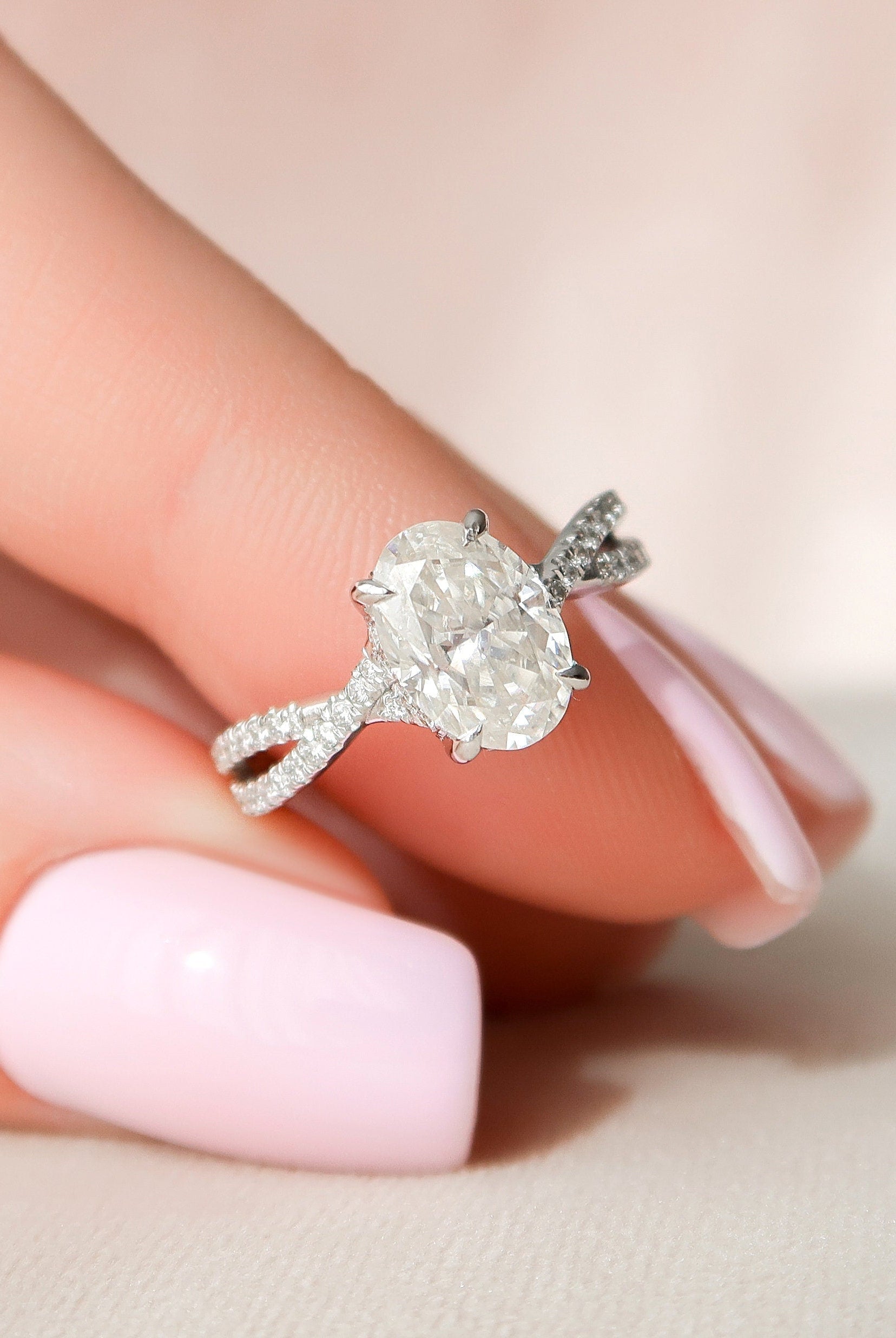 1.50CT Oval Split Shank Moissanite Diamond Hidden Halo Engagement Ring