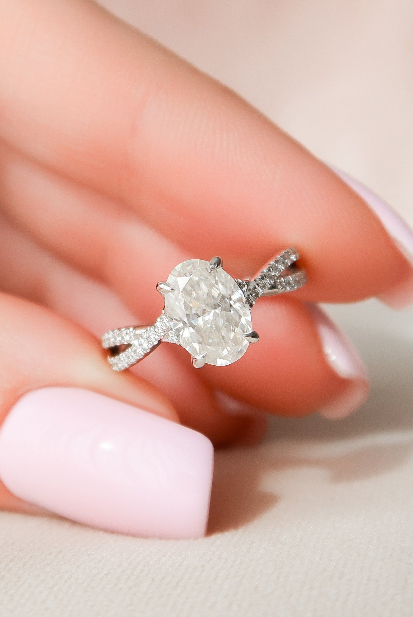 1.50CT Oval Split Shank Moissanite Diamond Hidden Halo Engagement Ring