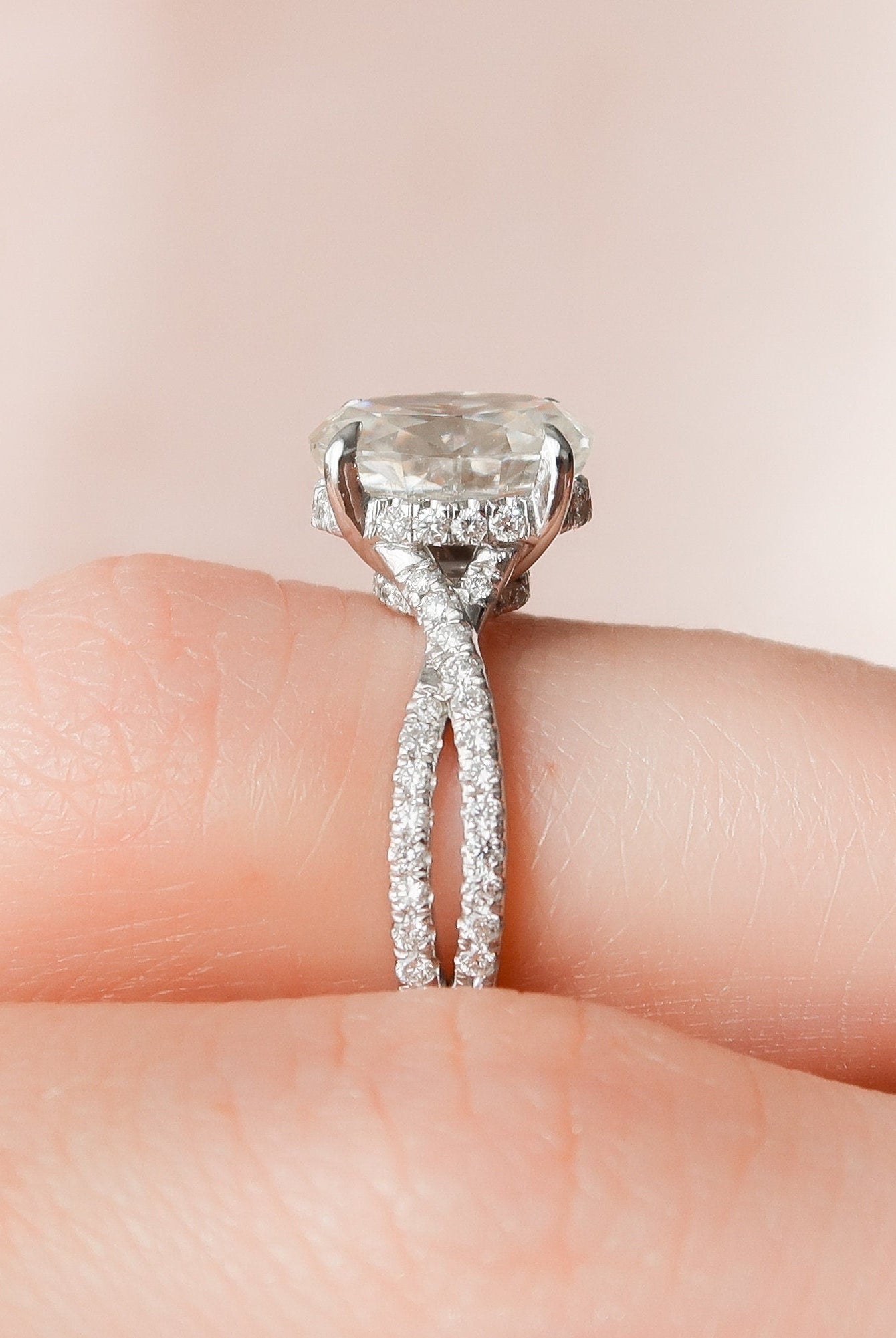 1.50CT Oval Split Shank Moissanite Diamond Hidden Halo Engagement Ring