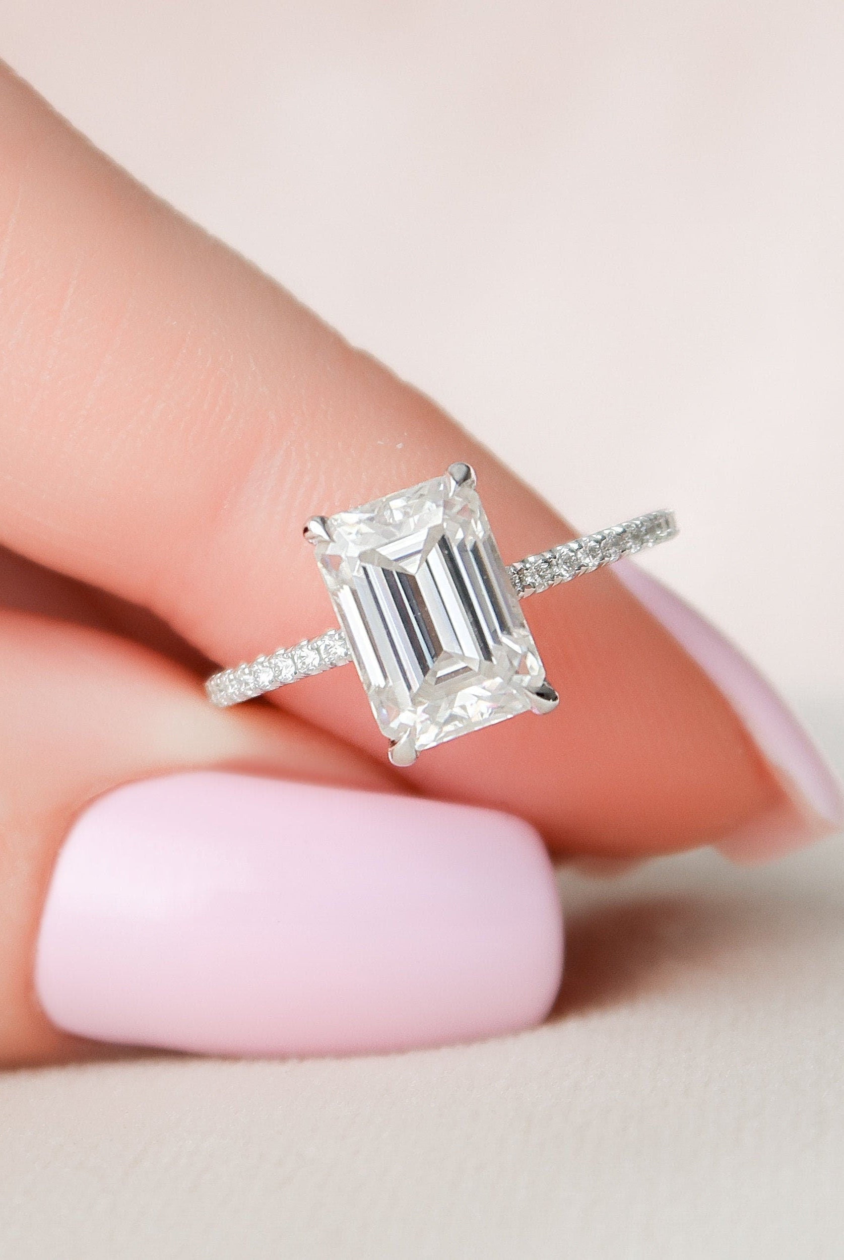 2.50CT Emerald Cut Hidden Halo Moissanite Diamond Pave Engagement Ring For Women