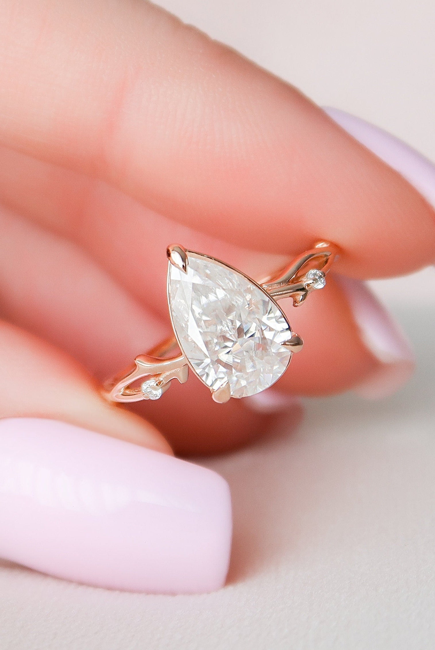 2.0CT Pear Twig Moissanite Diamond Engagement Ring In Solid Gold