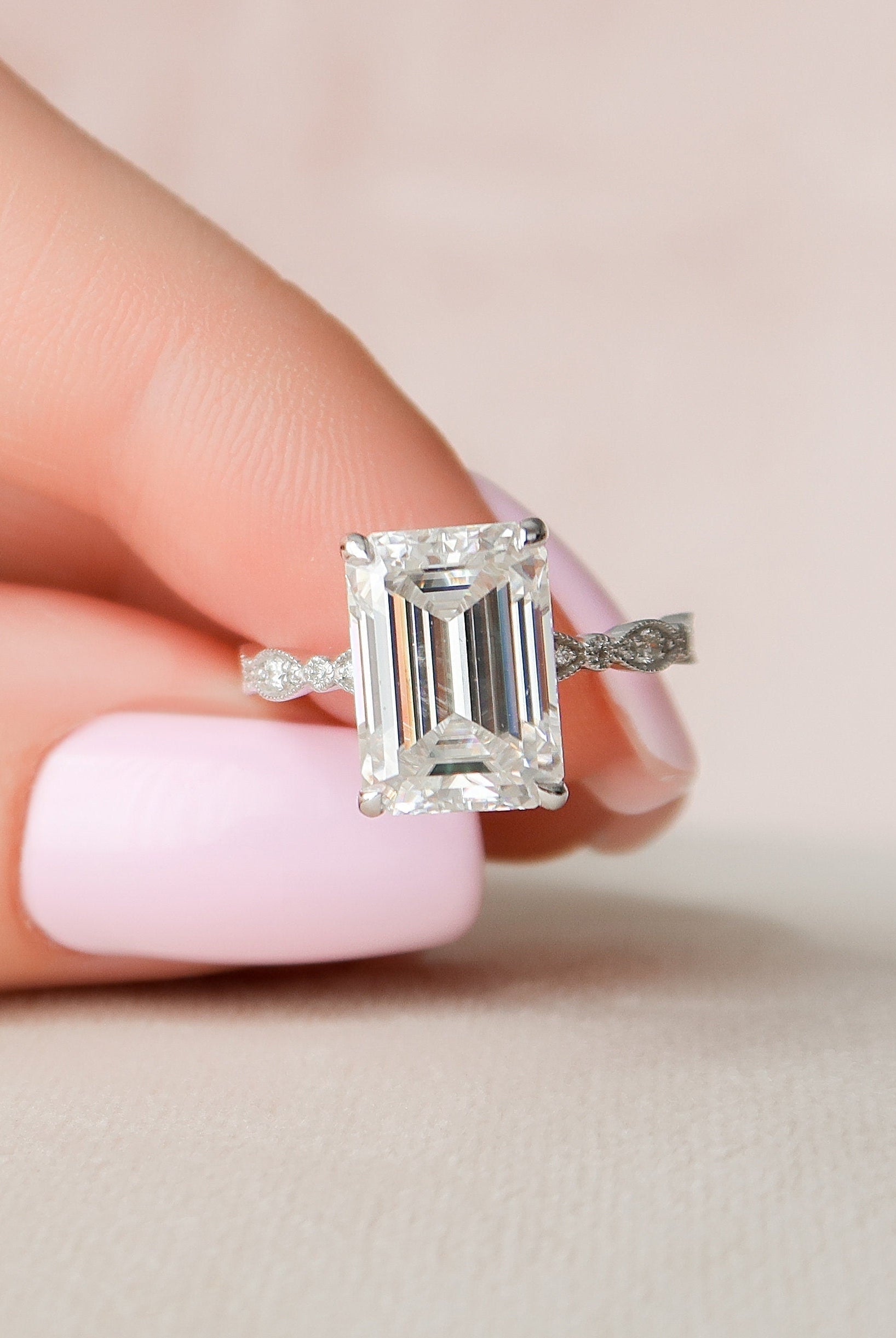 5.0CT Emerald Cut Vintage Pave Moissanite Diamond Four Prong Engagement Ring
