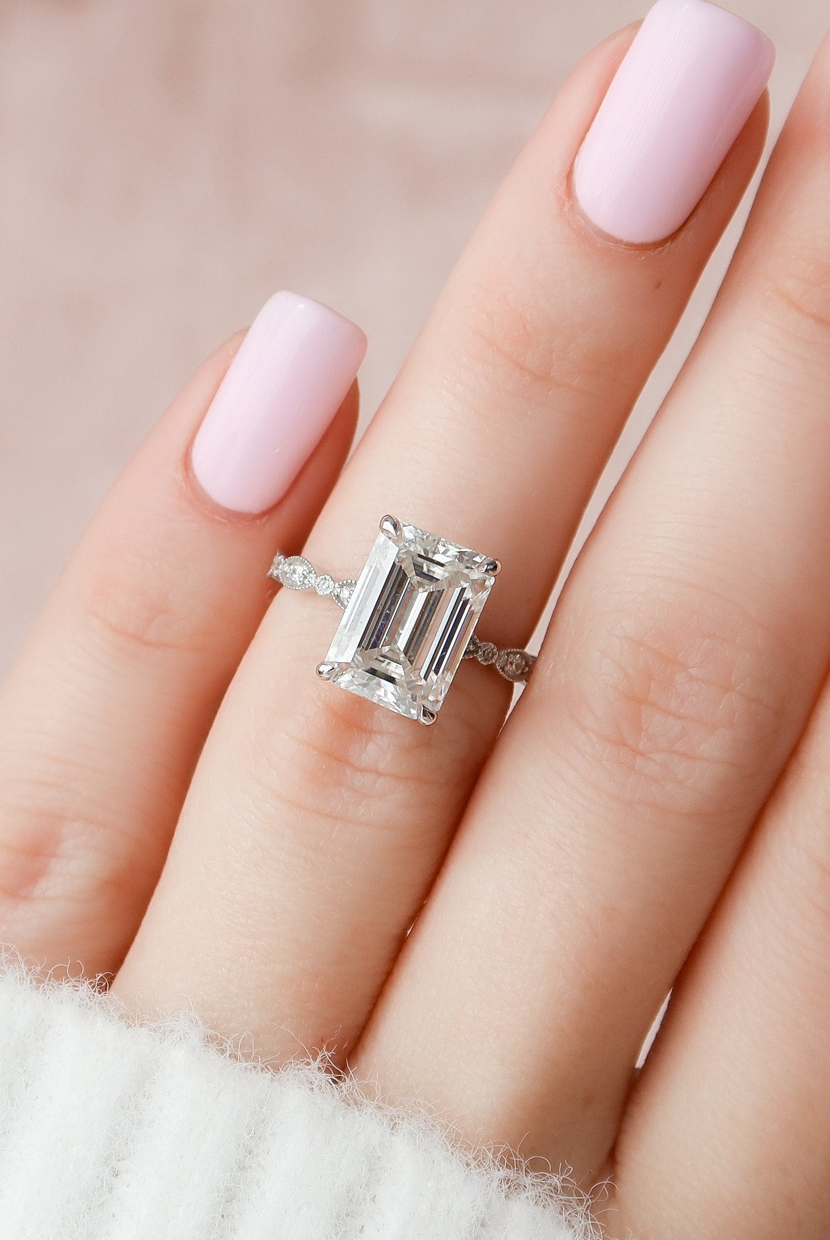 5.0CT Emerald Cut Vintage Pave Moissanite Diamond Four Prong Engagement Ring