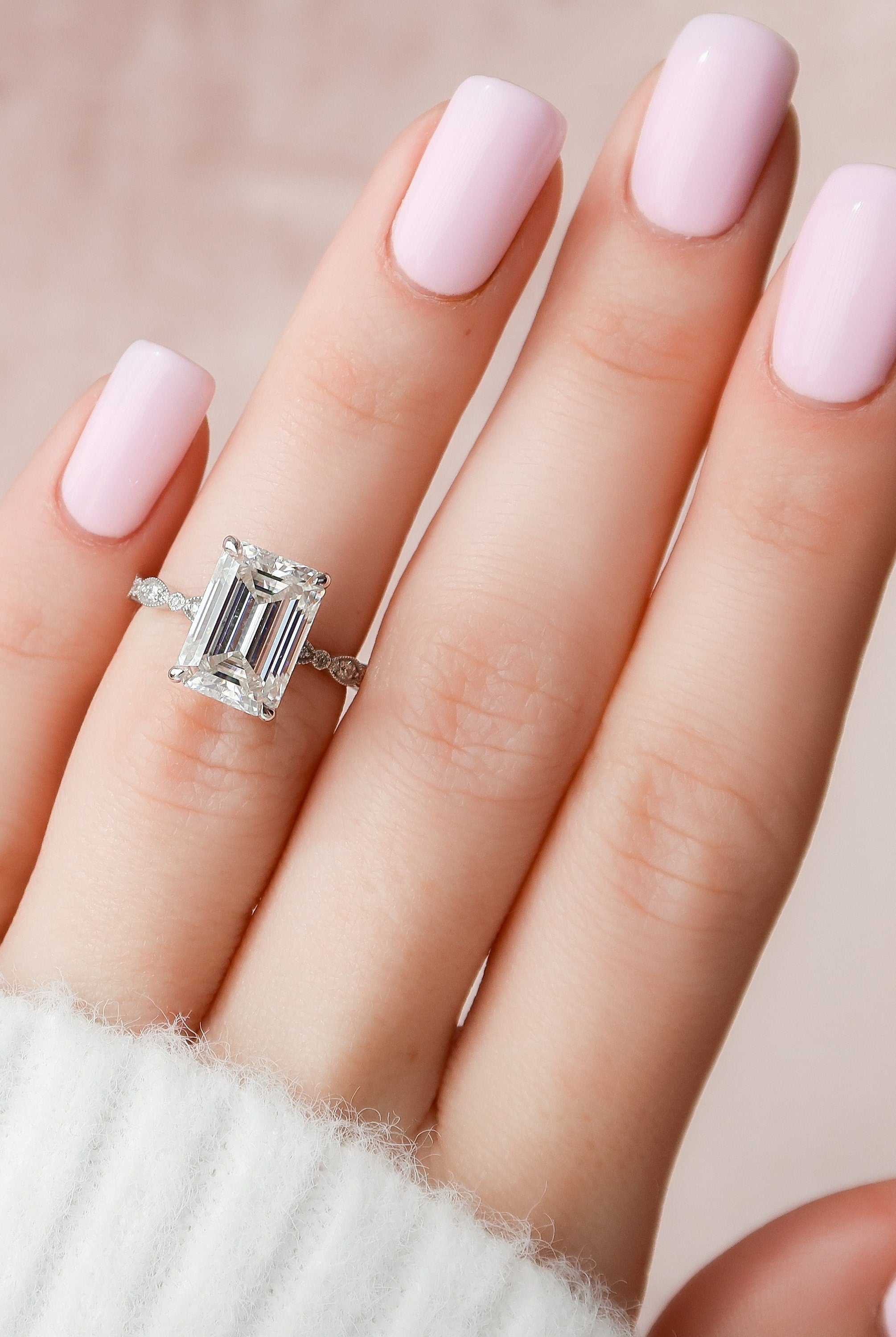 5.0CT Emerald Cut Vintage Pave Moissanite Diamond Four Prong Engagement Ring