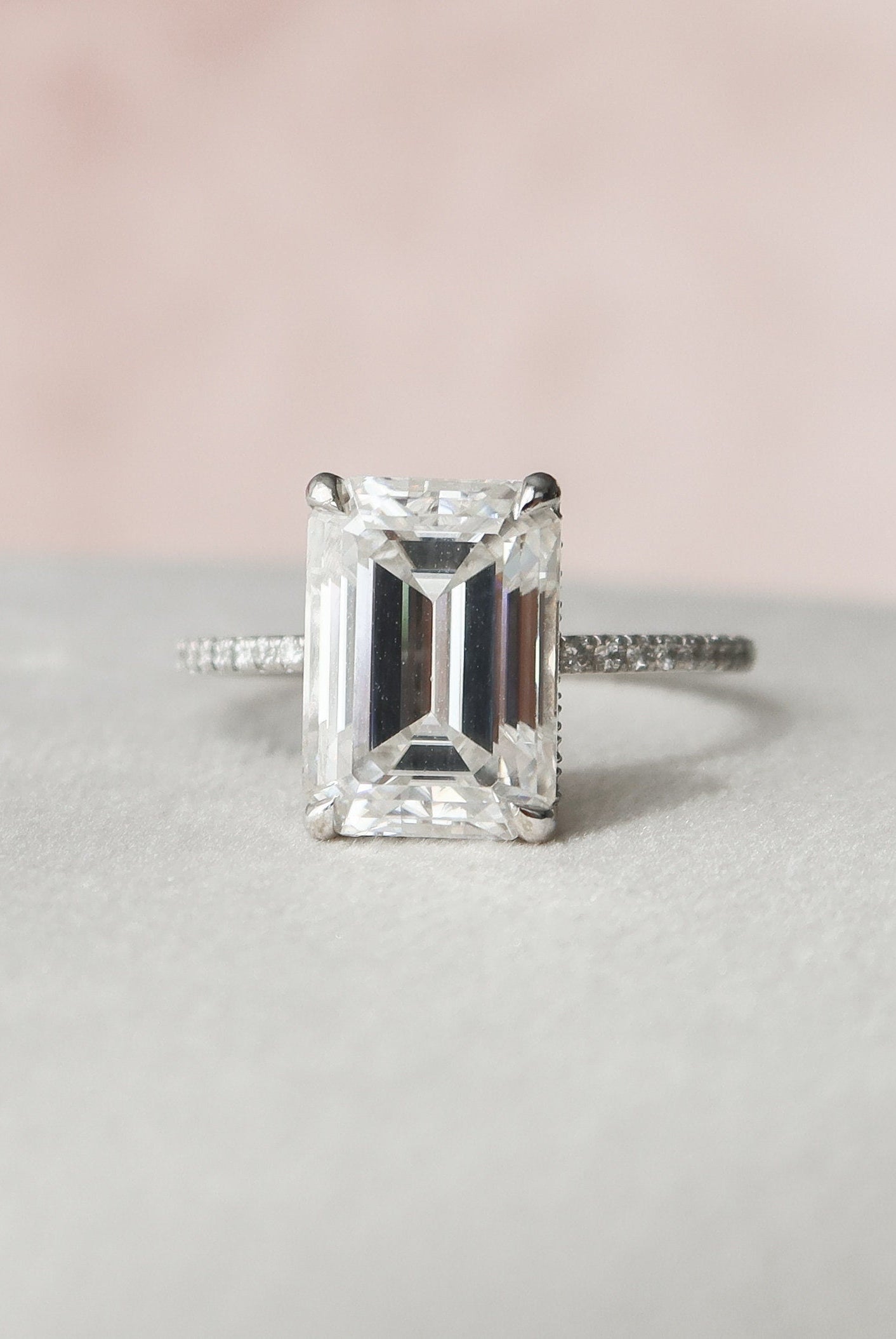 5.0CT Emerald Cut Pave Moissanite Diamond Hidden Halo Engagement Ring