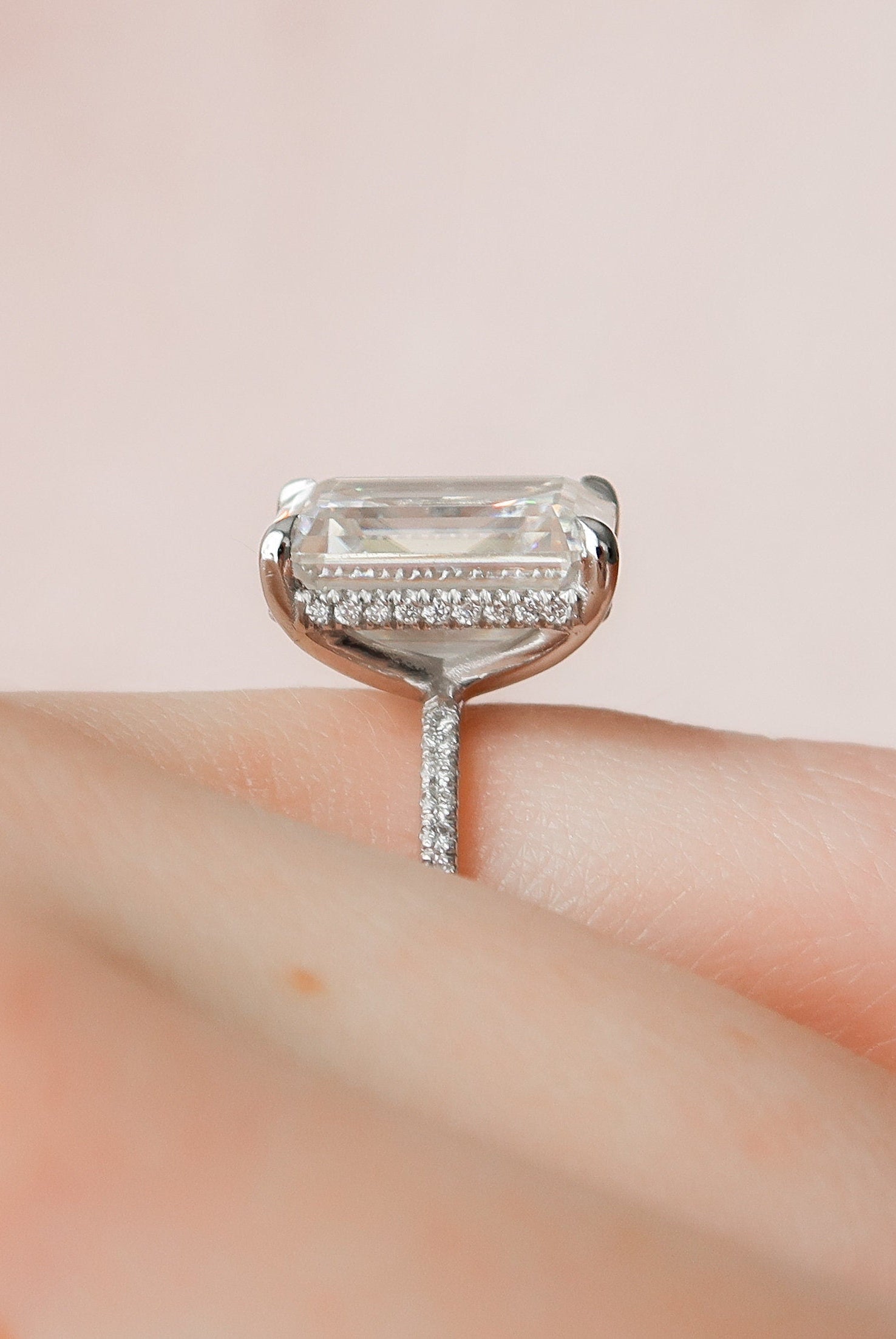 5.0CT Emerald Cut Pave Moissanite Diamond Hidden Halo Engagement Ring