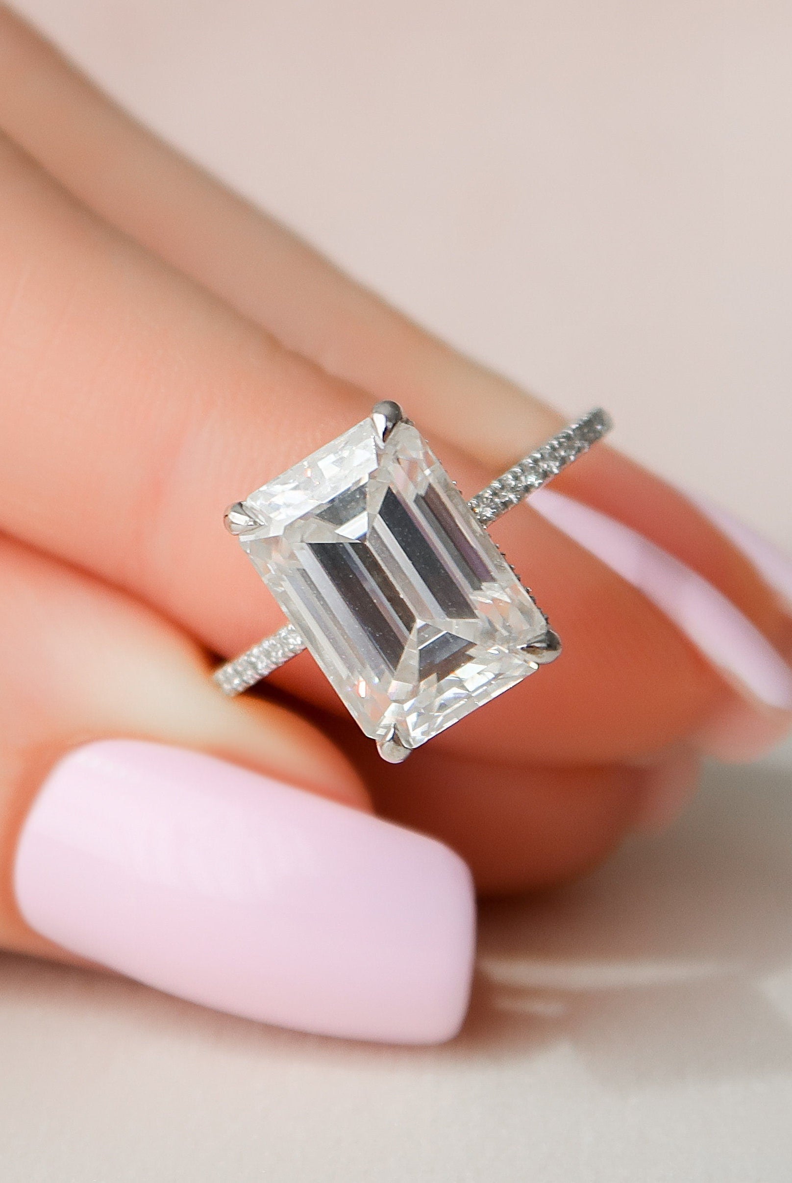 5.0CT Emerald Cut Pave Moissanite Diamond Hidden Halo Engagement Ring