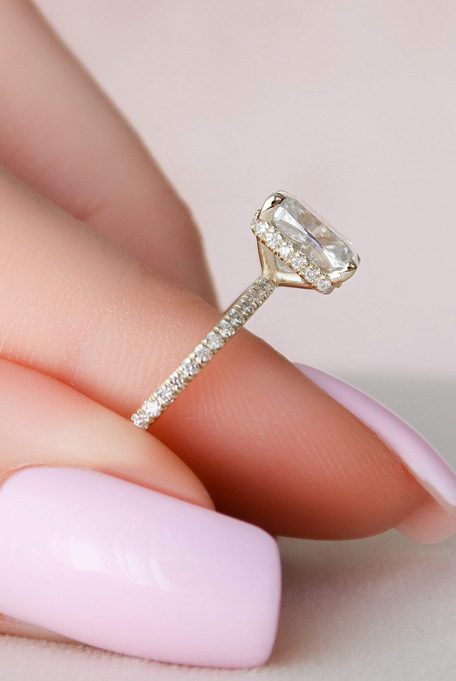 2.0CT Elongated Cushion Hidden Halo Moissanite Diamond Pave Engagement Ring For Women