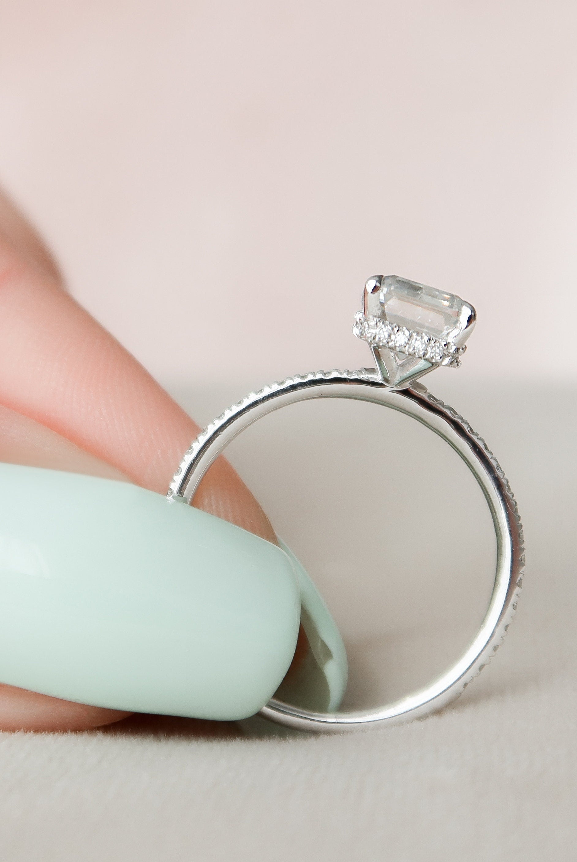 3.0CT Emerald Cut Pave Moissanite Diamond Hidden Halo Engagement Ring