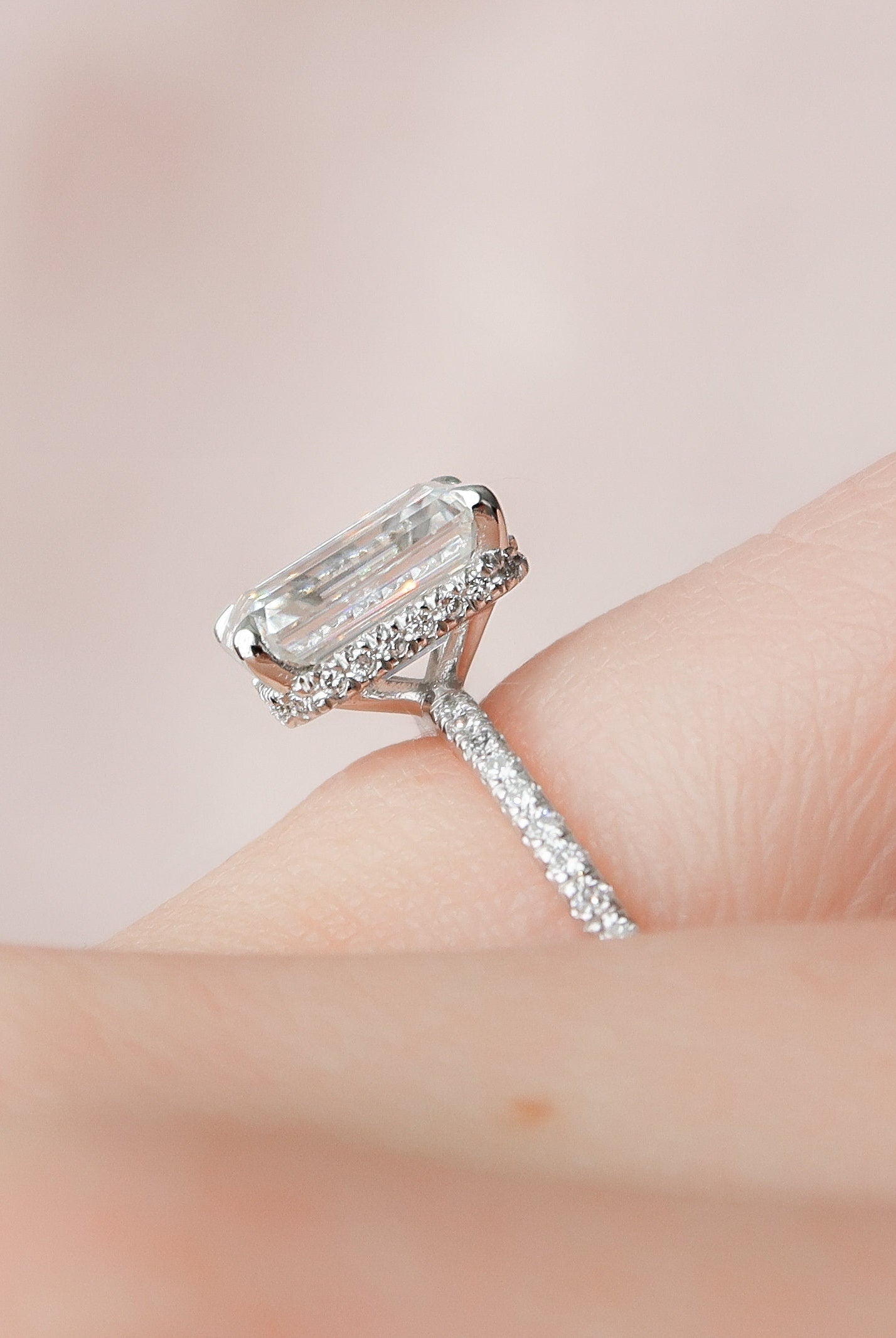 3.0CT Emerald Cut Pave Moissanite Diamond Hidden Halo Engagement Ring