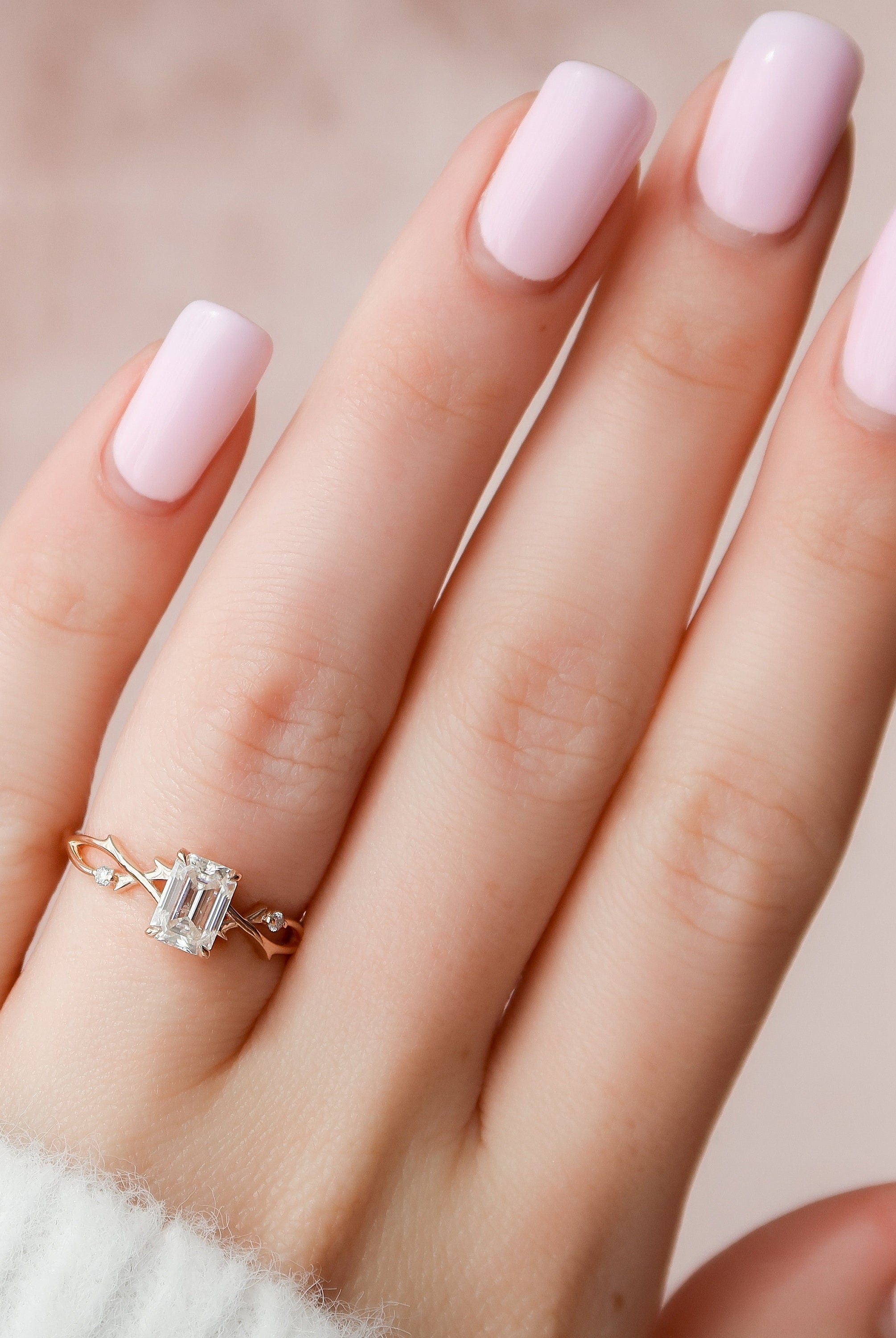 1.0CT Emerald Cut Twig Moissanite Diamond Engagement Ring For Women