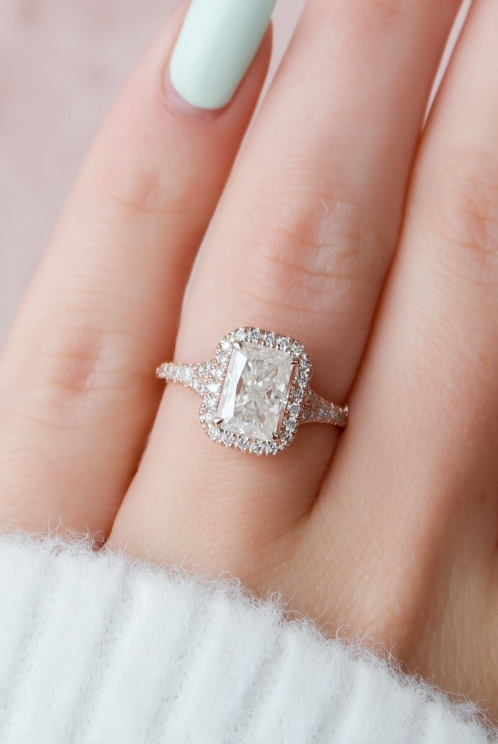 3.50CT Radiant Hidden Halo Moissanite Diamond Split Shank Engagement Ring