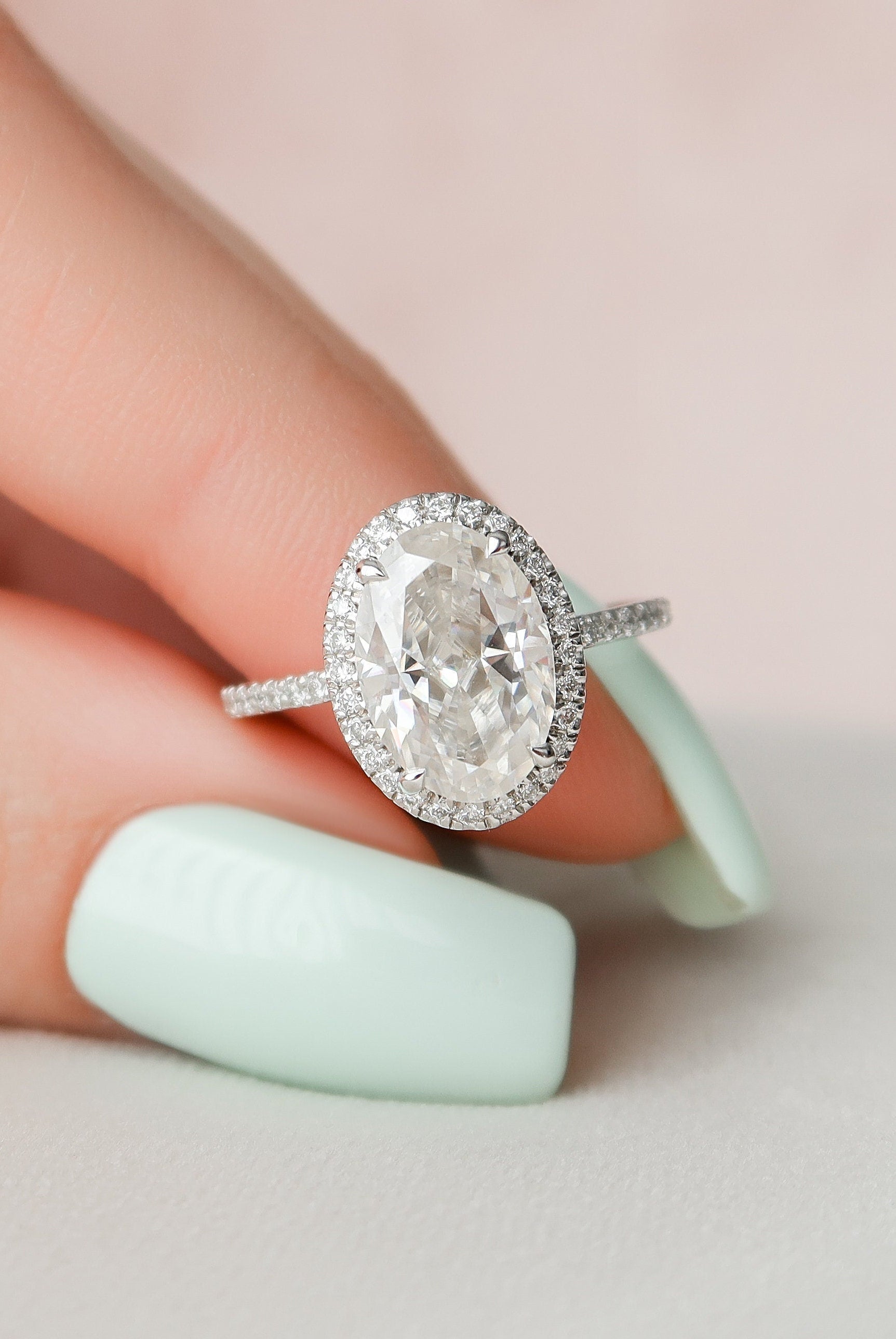 2.50CT Oval Pave Moissanite Diamond Halo Engagement Ring In Solid Gold