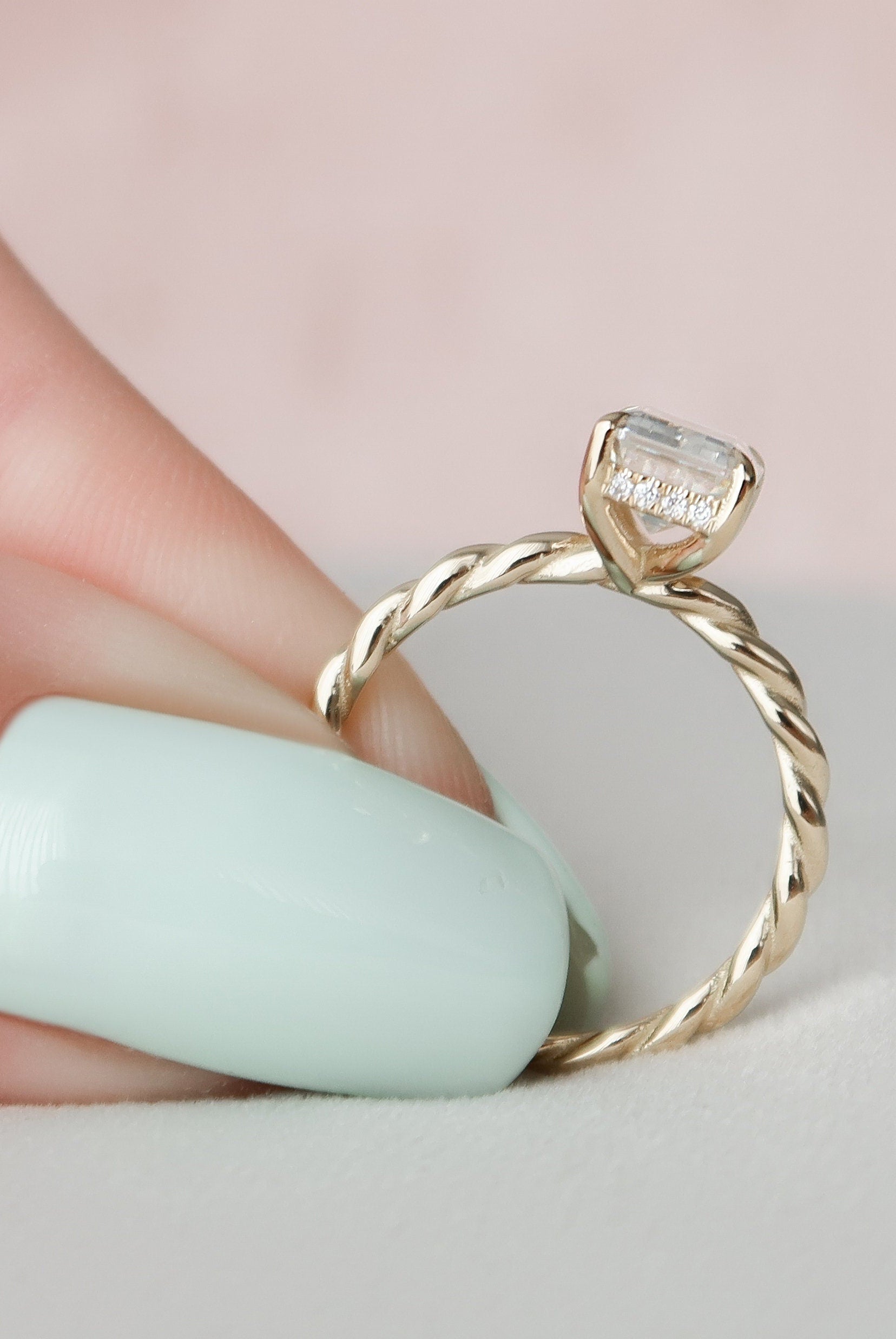 2.0CT Emerald Cut Hidden Halo Moissanite Diamond Braided Engagement Ring