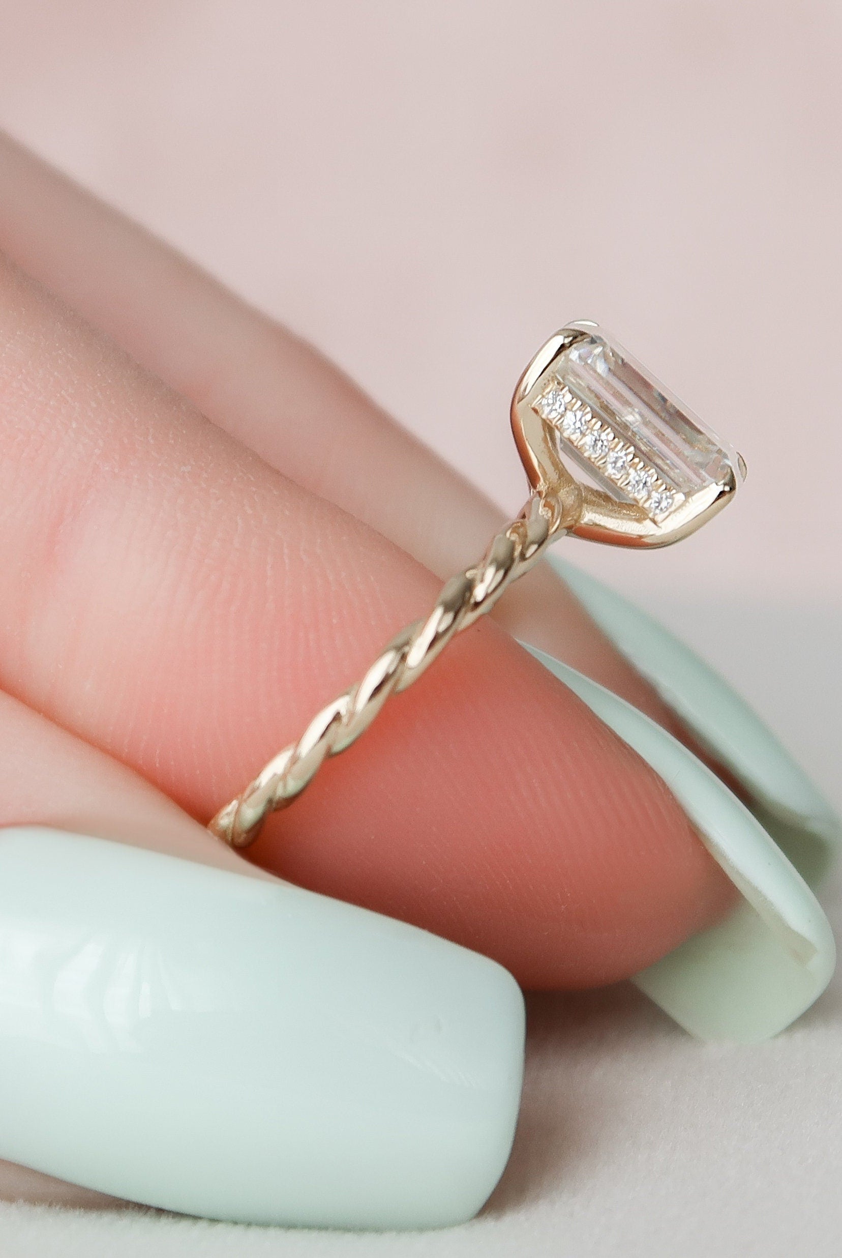 2.0CT Emerald Cut Hidden Halo Moissanite Diamond Braided Engagement Ring