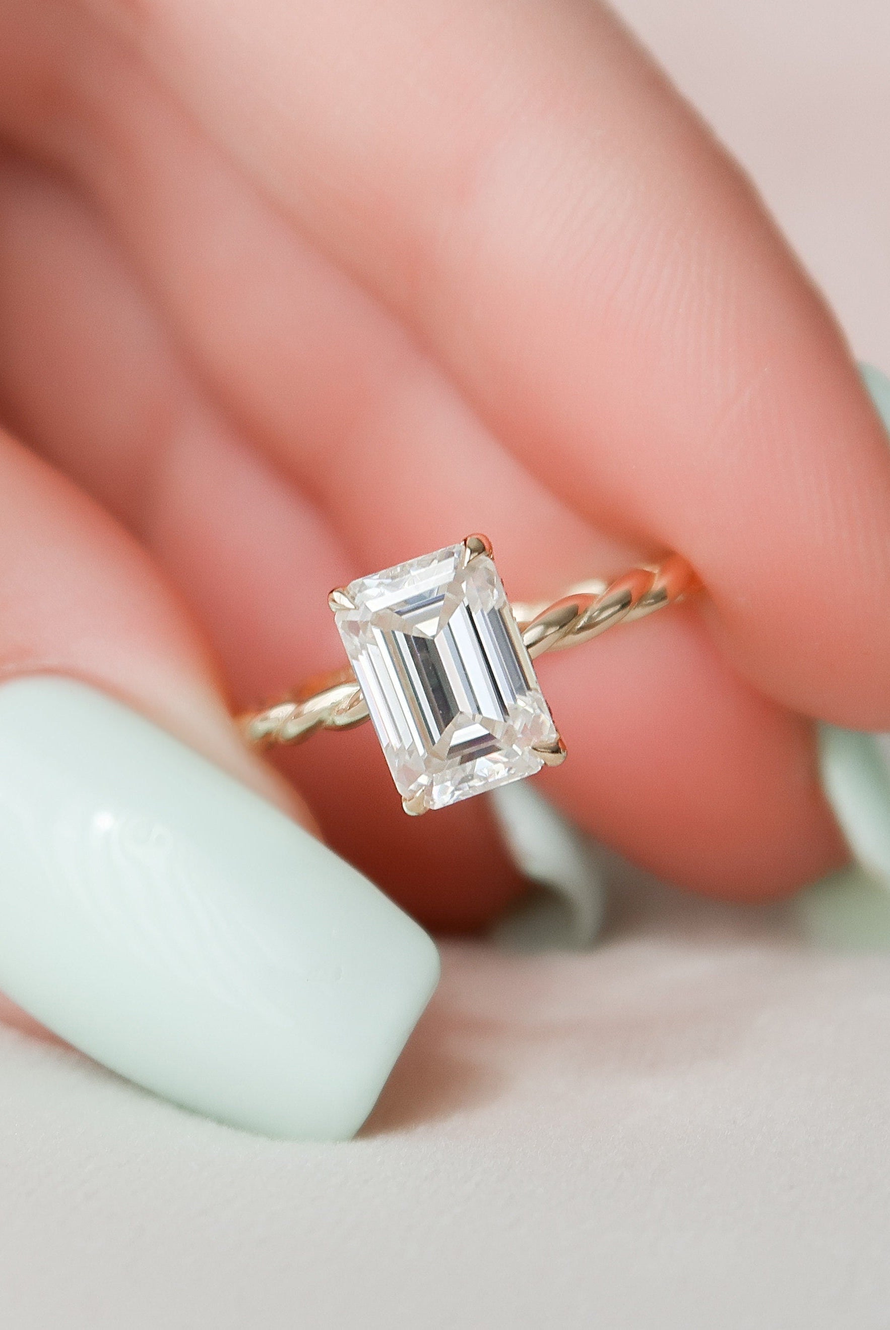 2.0CT Emerald Cut Hidden Halo Moissanite Diamond Braided Engagement Ring