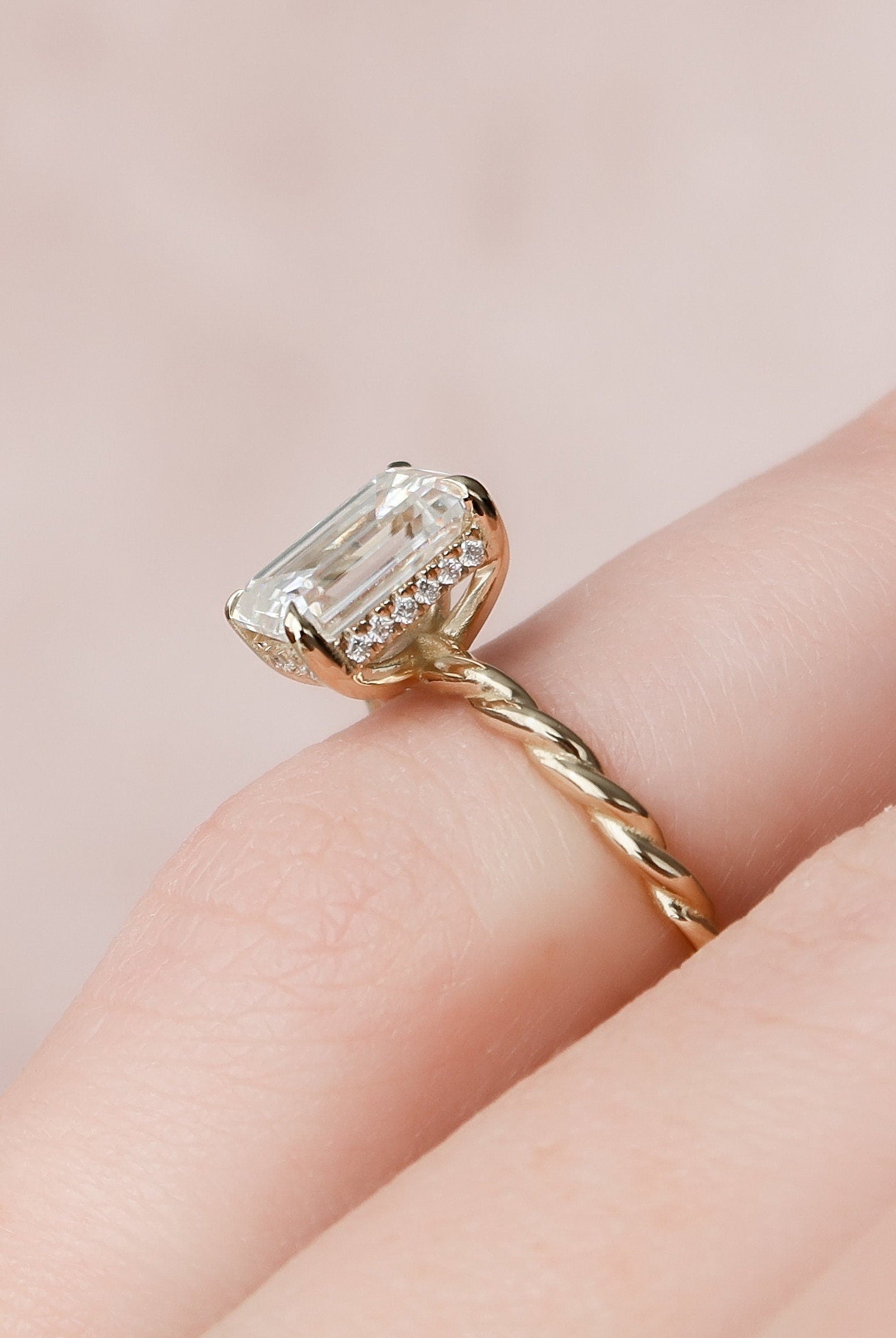 2.0CT Emerald Cut Hidden Halo Moissanite Diamond Braided Engagement Ring