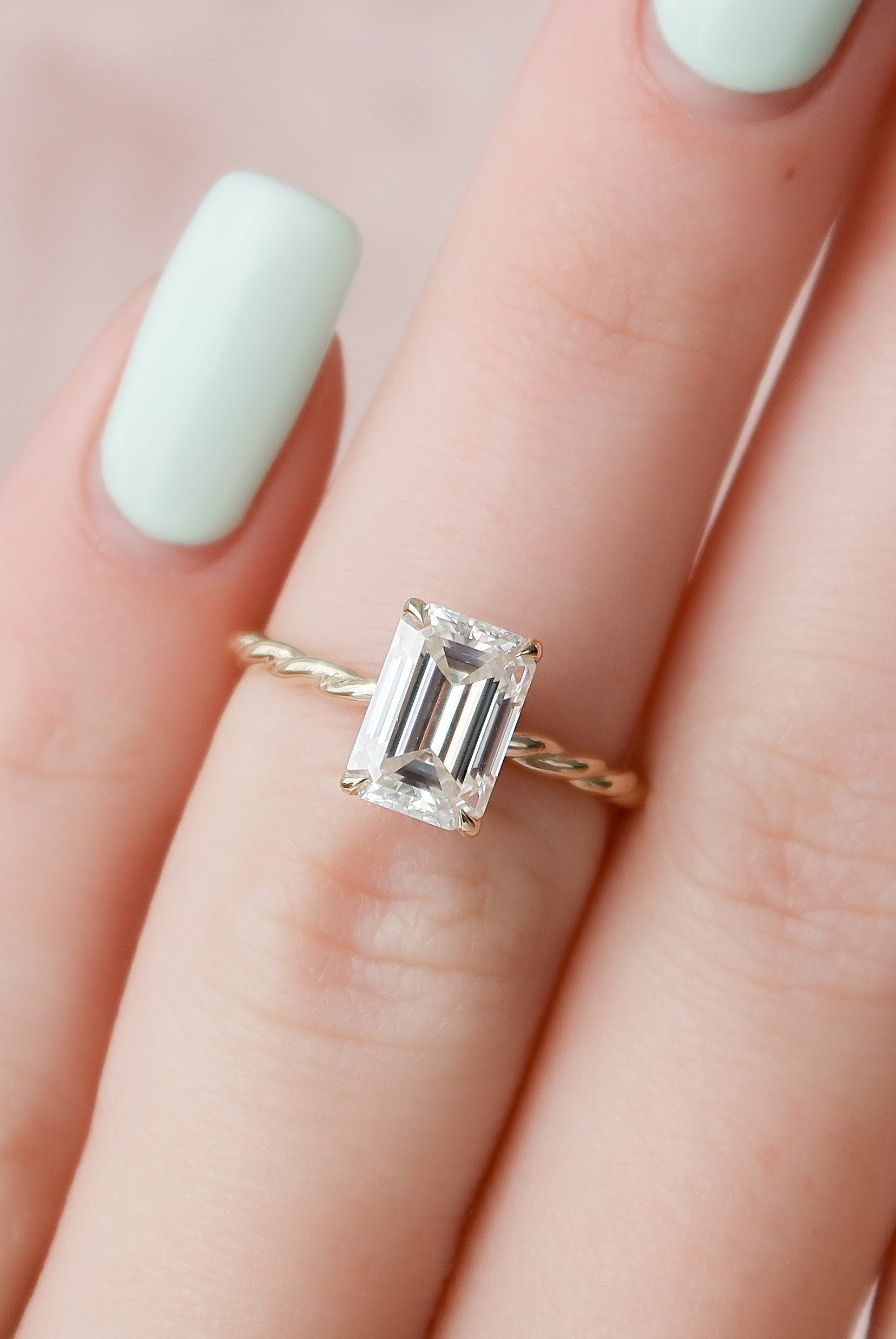 2.0CT Braided Emerald Cut Hidden Halo Moissanite Diamond Engagement Ring