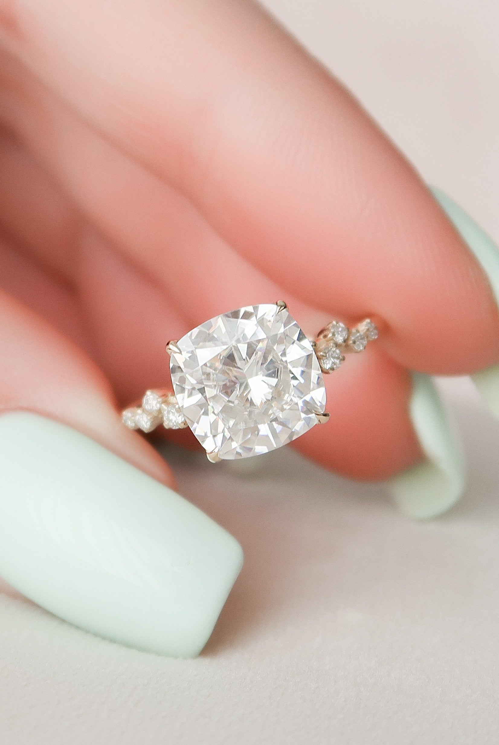 4.0CT Cushion Zig Zag Pave Moissanite Diamond Hidden Halo Engagement Ring