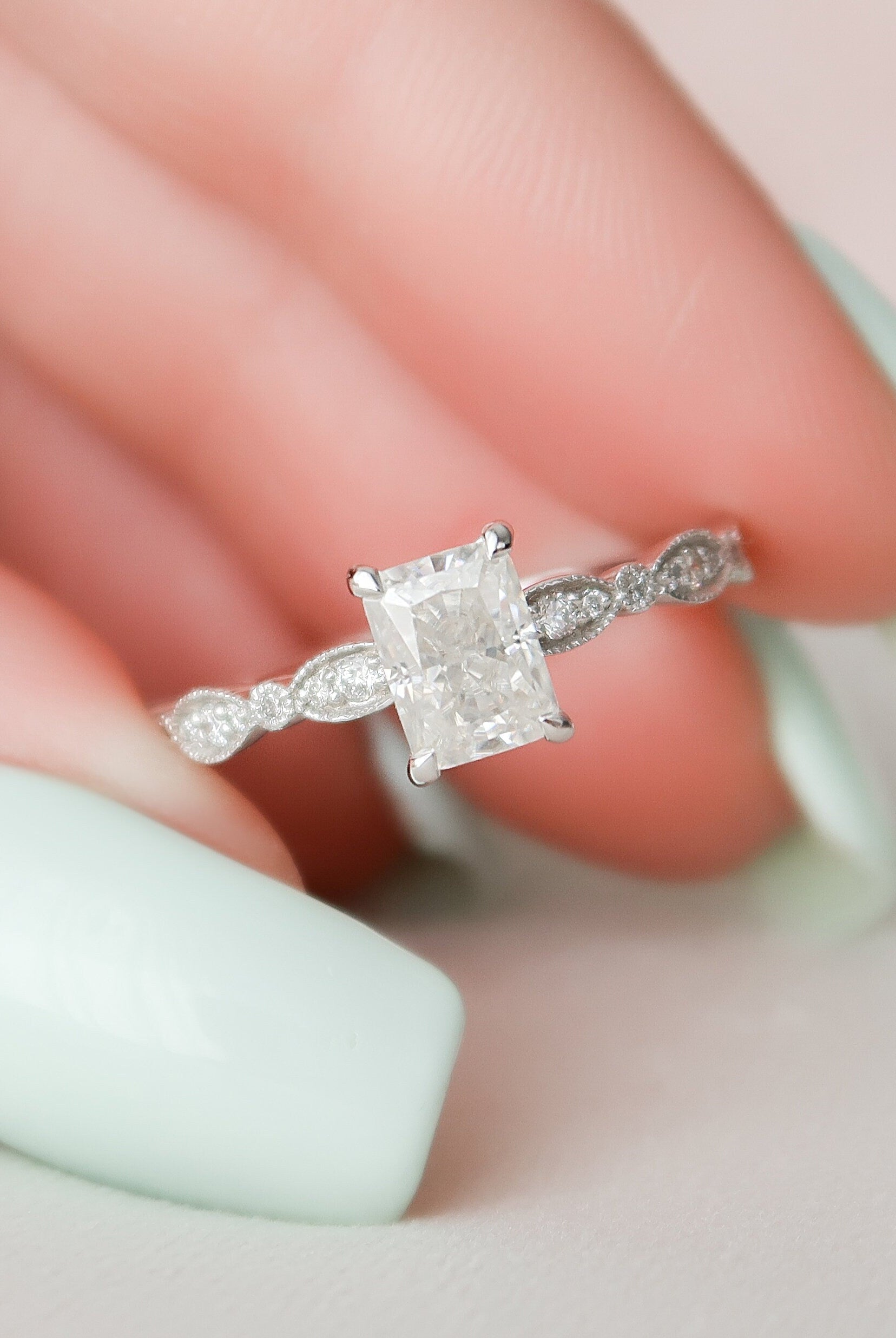 1.0CT Radiant Moissanite Diamond Vintage Pave Engagement Ring
