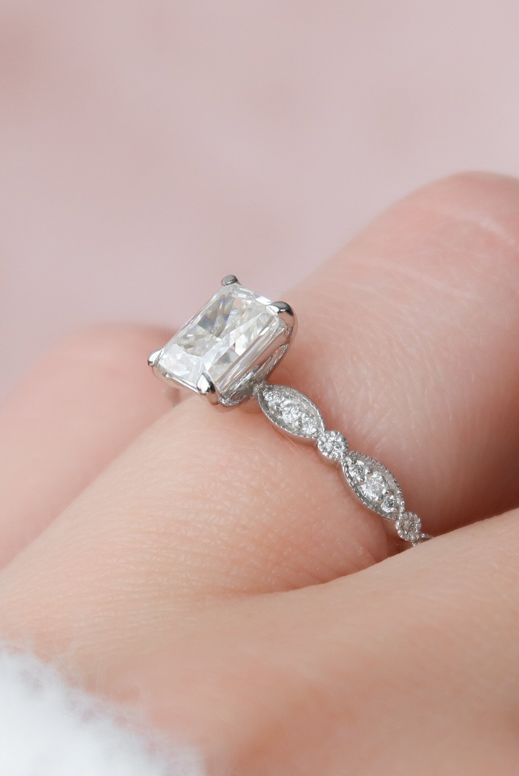1.0CT Radiant Moissanite Diamond Vintage Pave Engagement Ring