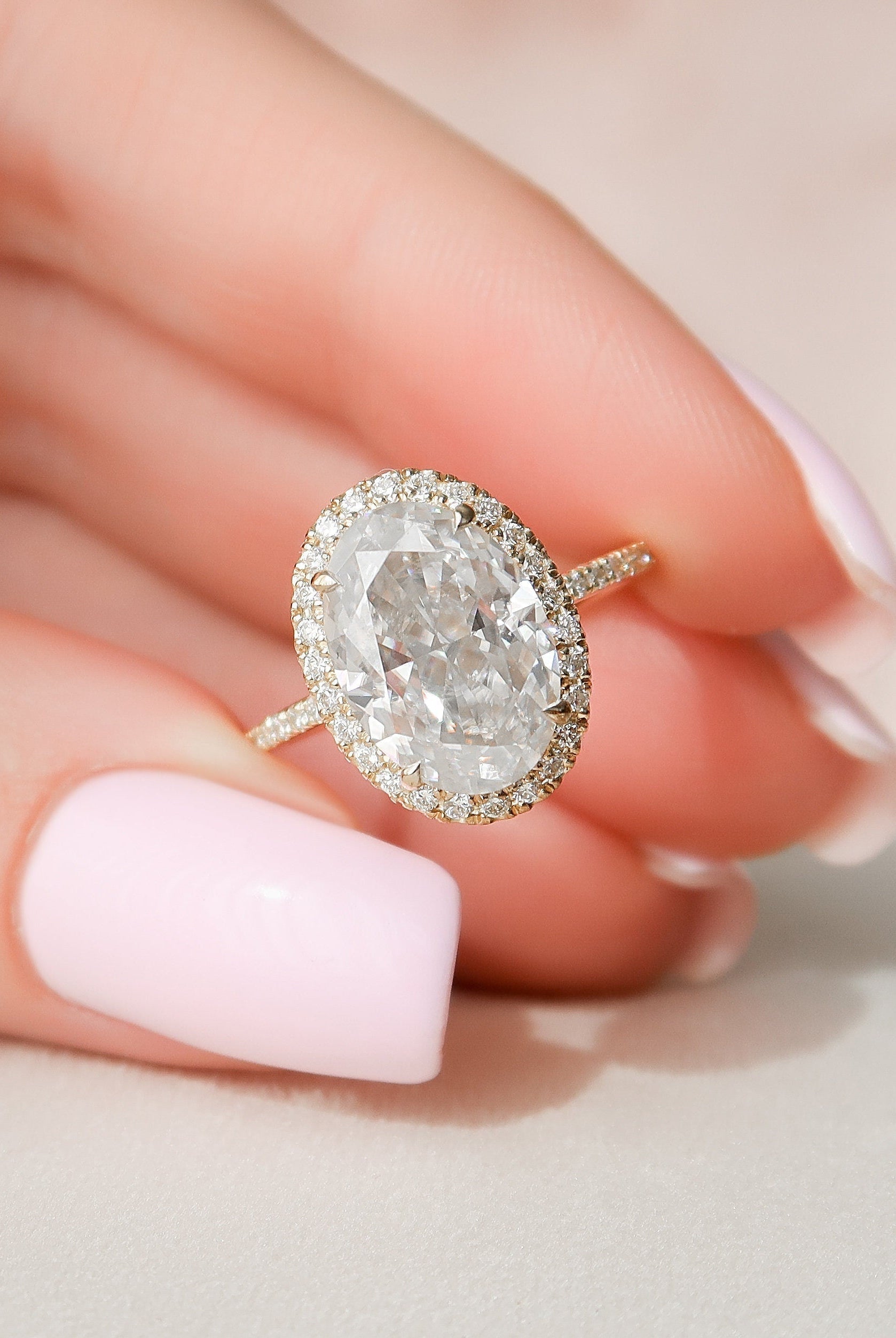 4.50CT Oval Halo Moissanite Diamond Pave Engagement Ring In Solid Gold