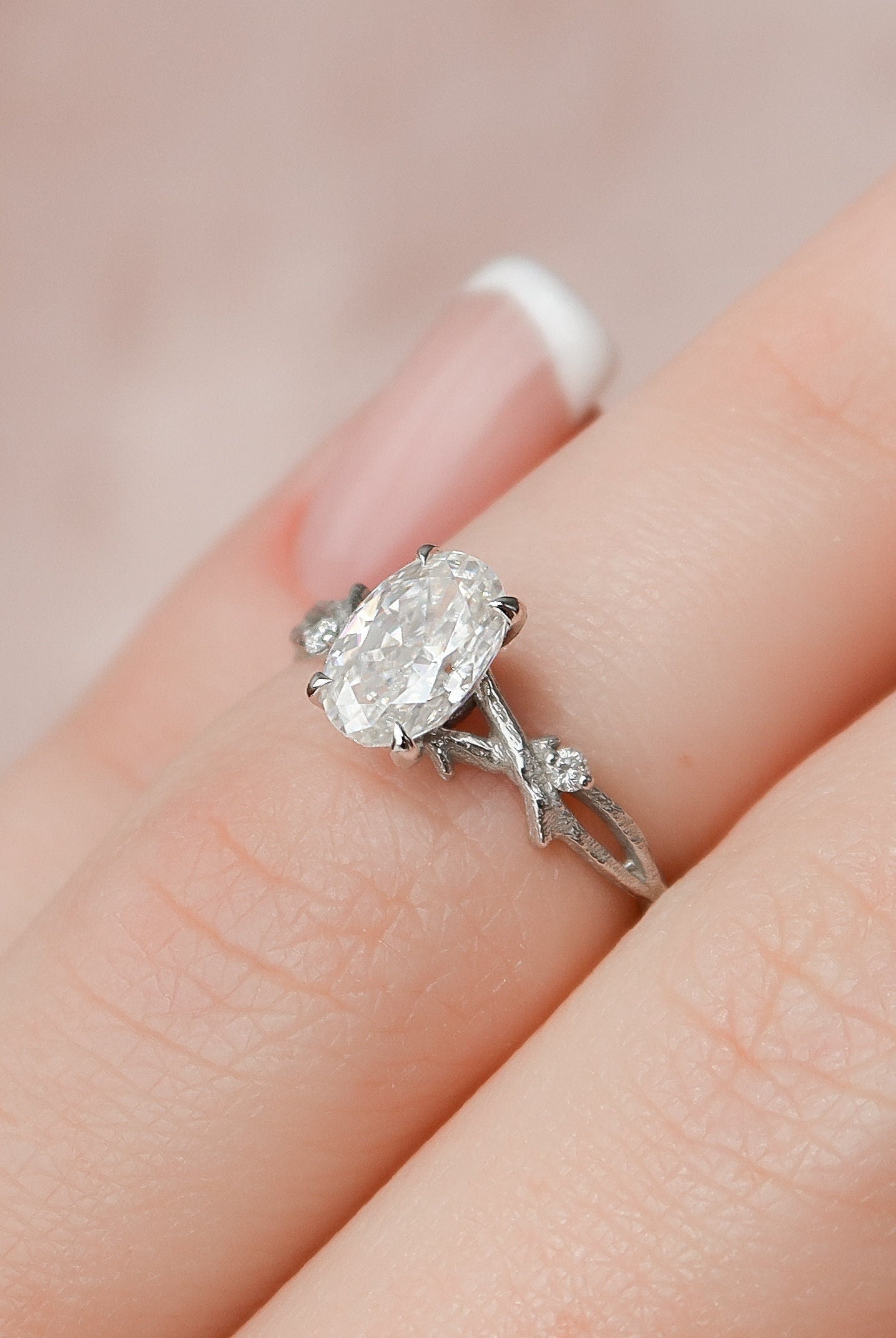 1.0CT Oval Twig Moissanite Diamond Engagement Ring In Solid Gold