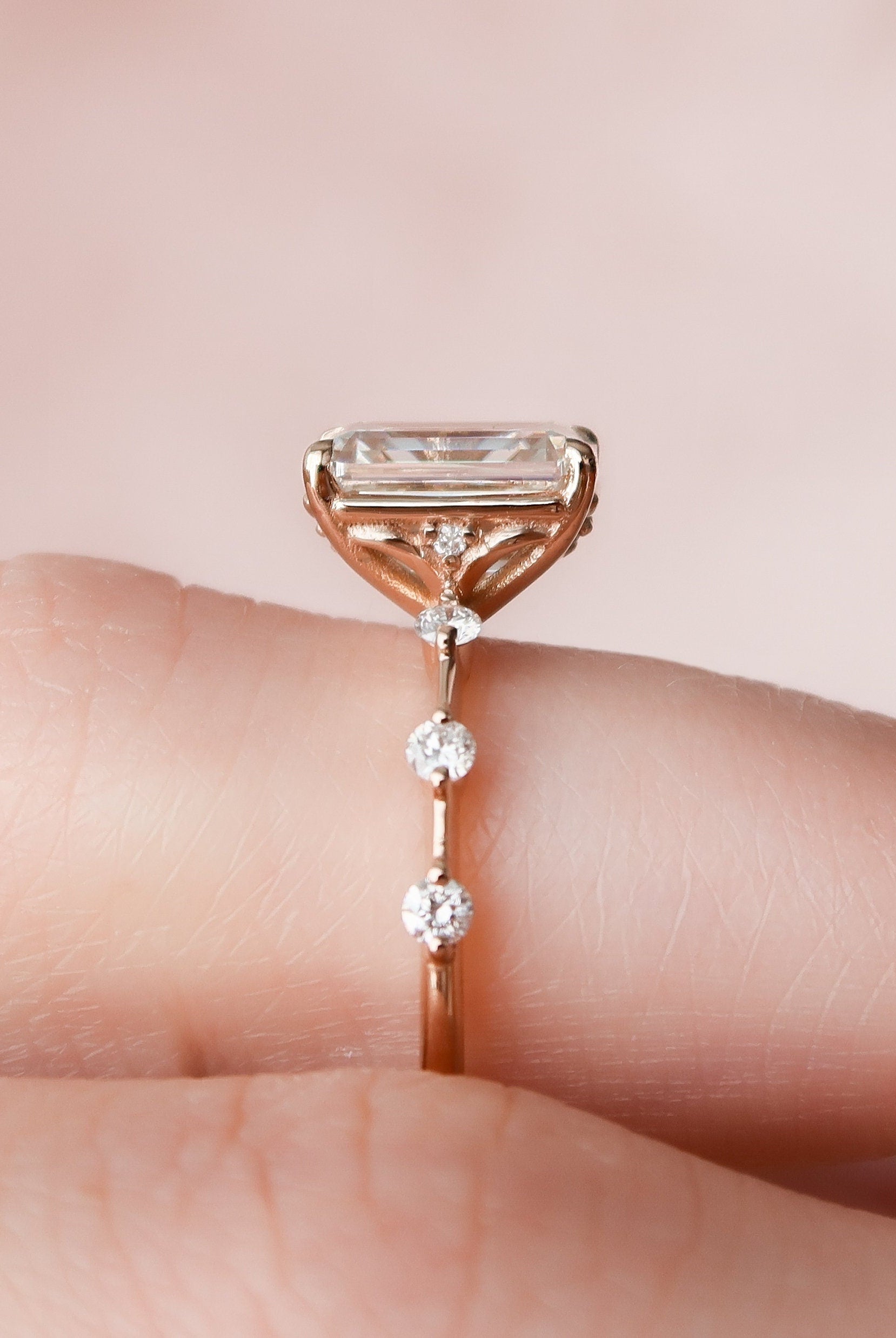 2.0CT Emerald Cut Petite Pave Moissanite Diamond Engagement Ring
