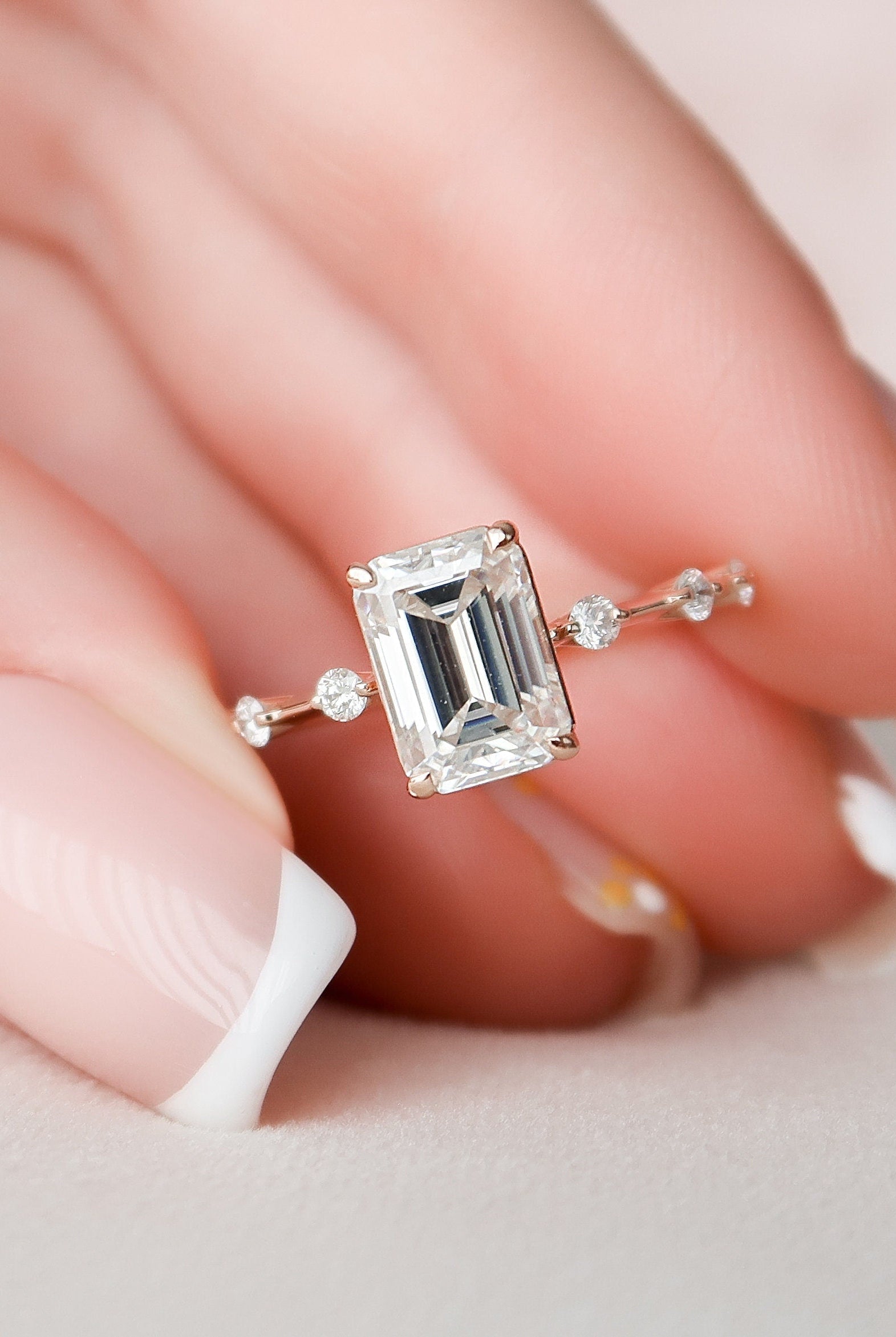 2.0CT Emerald Cut Petite Pave Moissanite Diamond Engagement Ring