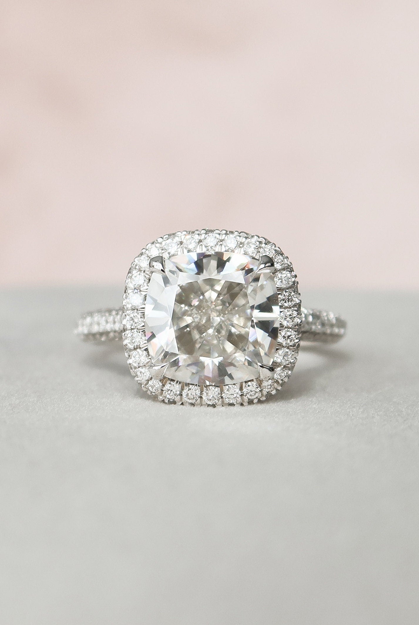 4.0CT Cathedral Set Cushion Halo Moissanite Diamond Three Sided Pave Engagement Ring