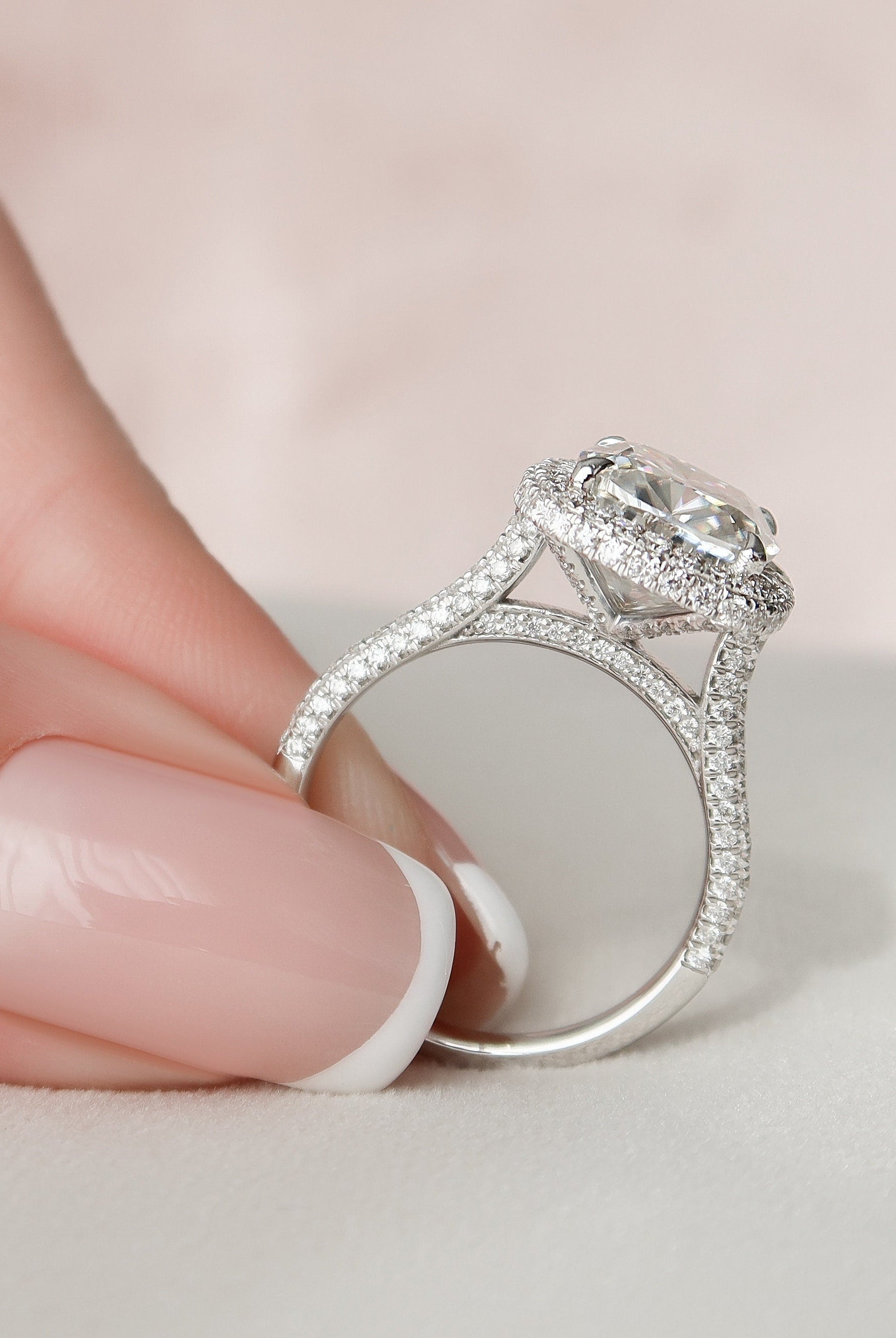 4.0CT Cathedral Set Cushion Halo Moissanite Diamond Three Sided Pave Engagement Ring