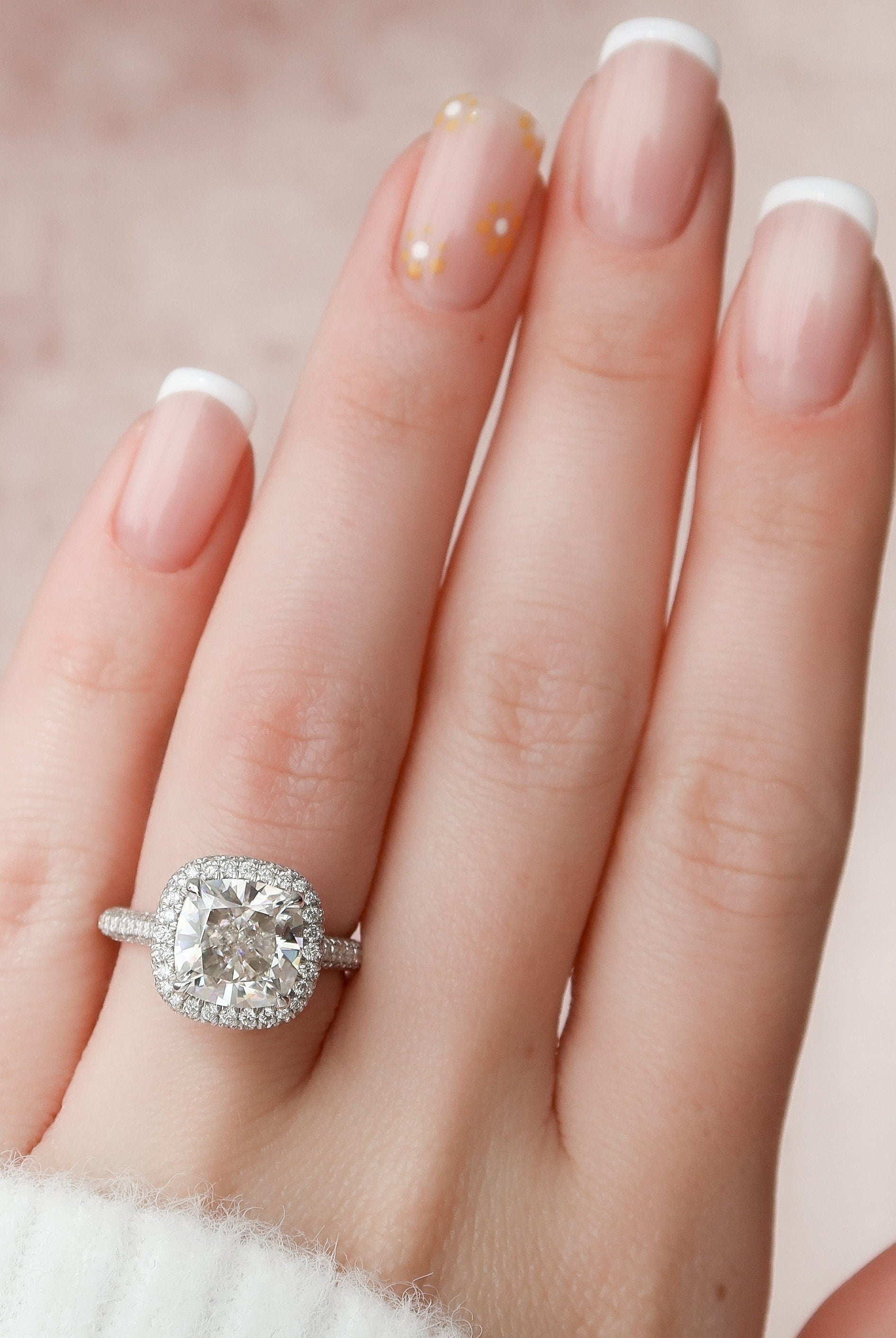 4.0CT Cathedral Set Cushion Halo Moissanite Diamond Three Sided Pave Engagement Ring
