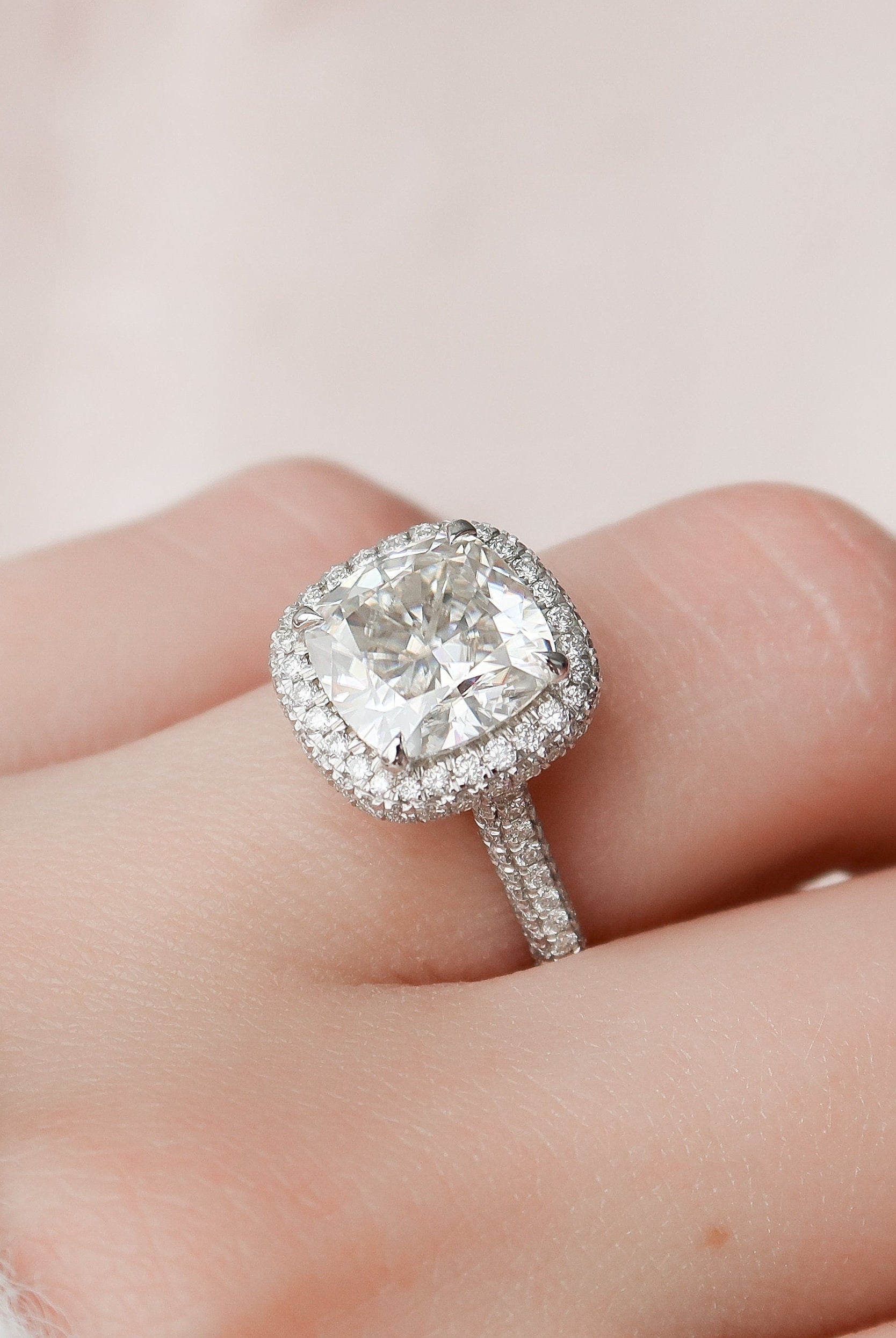 4.0CT Cathedral Set Cushion Halo Moissanite Diamond Three Sided Pave Engagement Ring