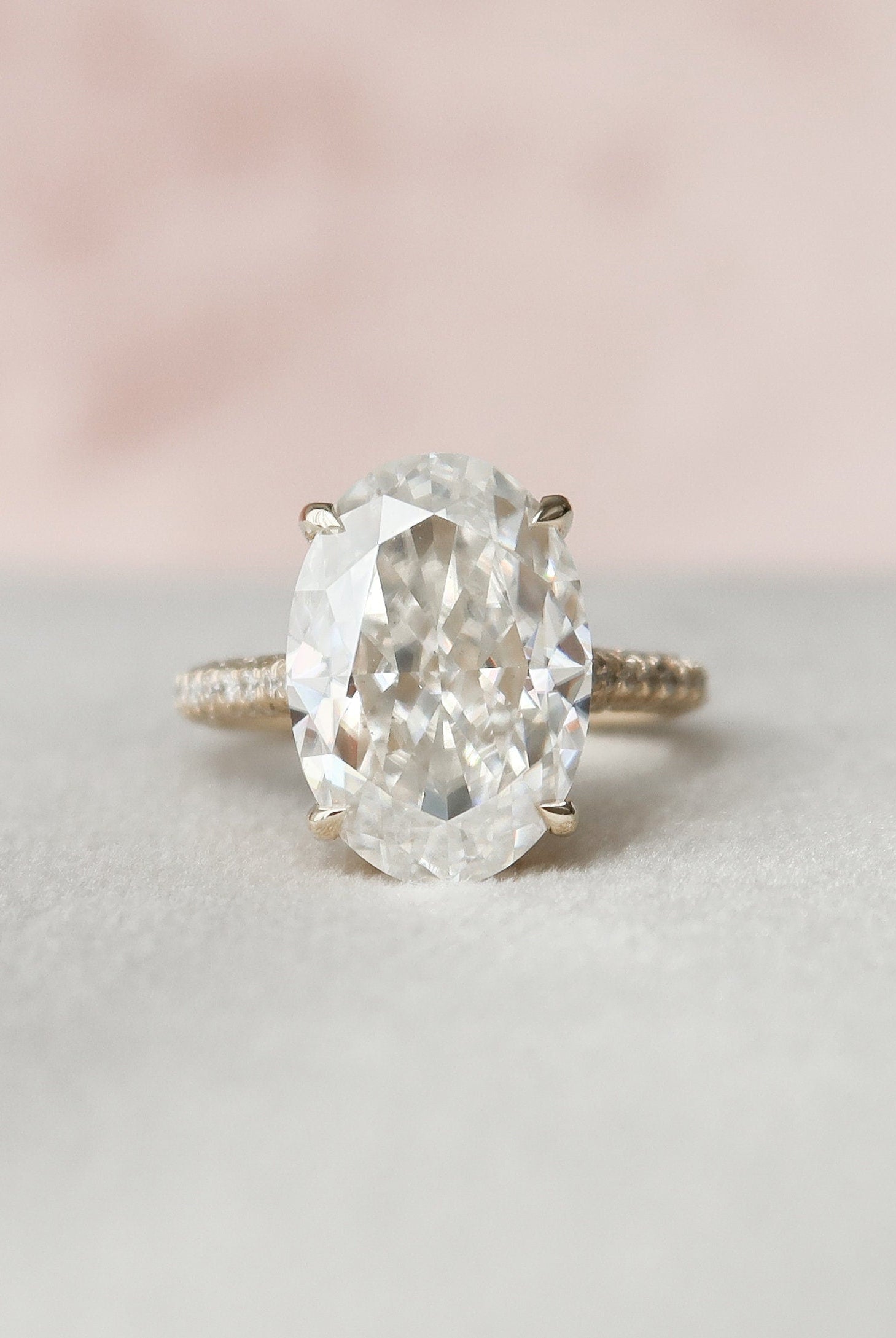 5.0CT Oval Three Sided Pave Moissanite Diamond Hidden Halo Engagement Ring