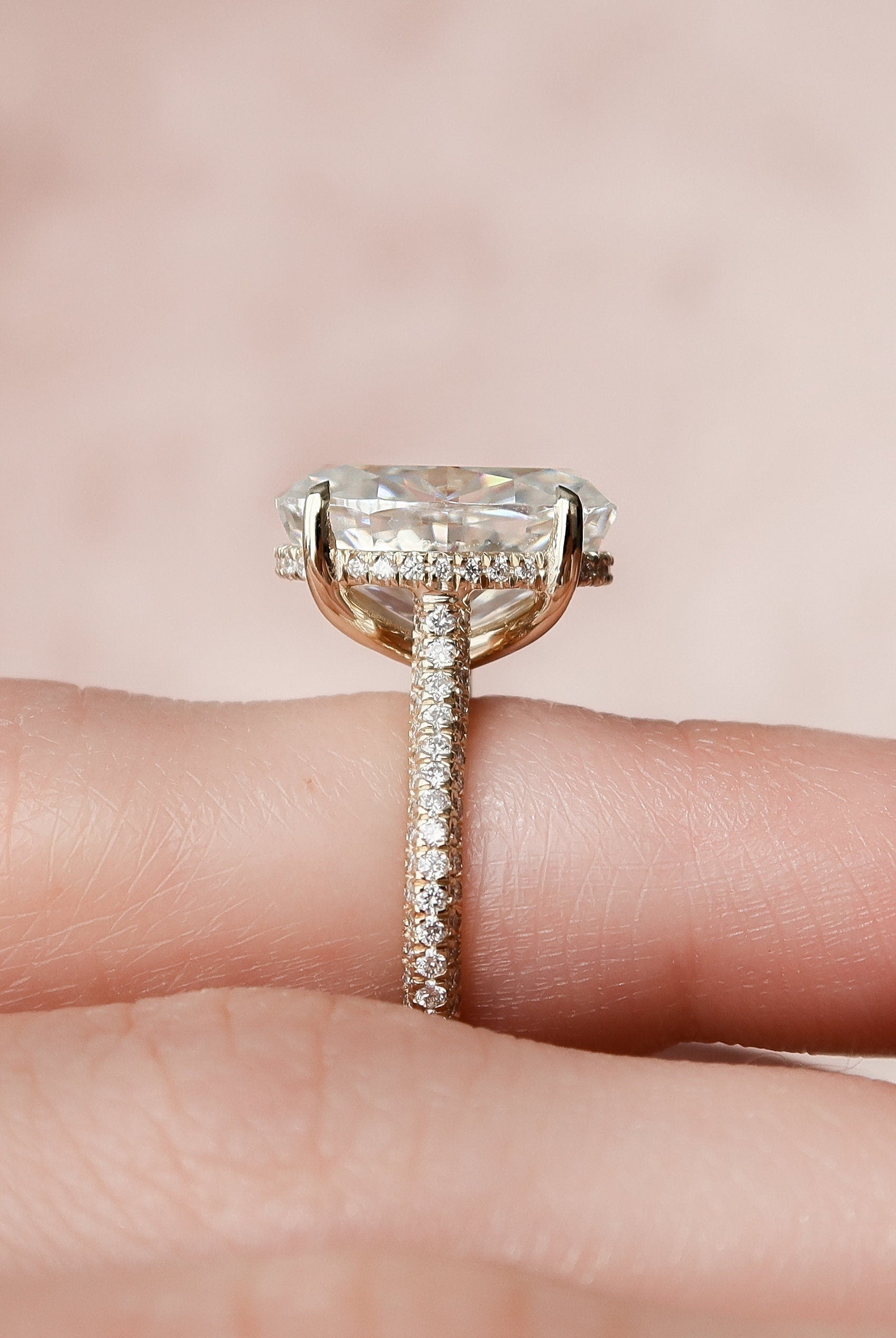 5.0CT Oval Three Sided Pave Moissanite Diamond Hidden Halo Engagement Ring