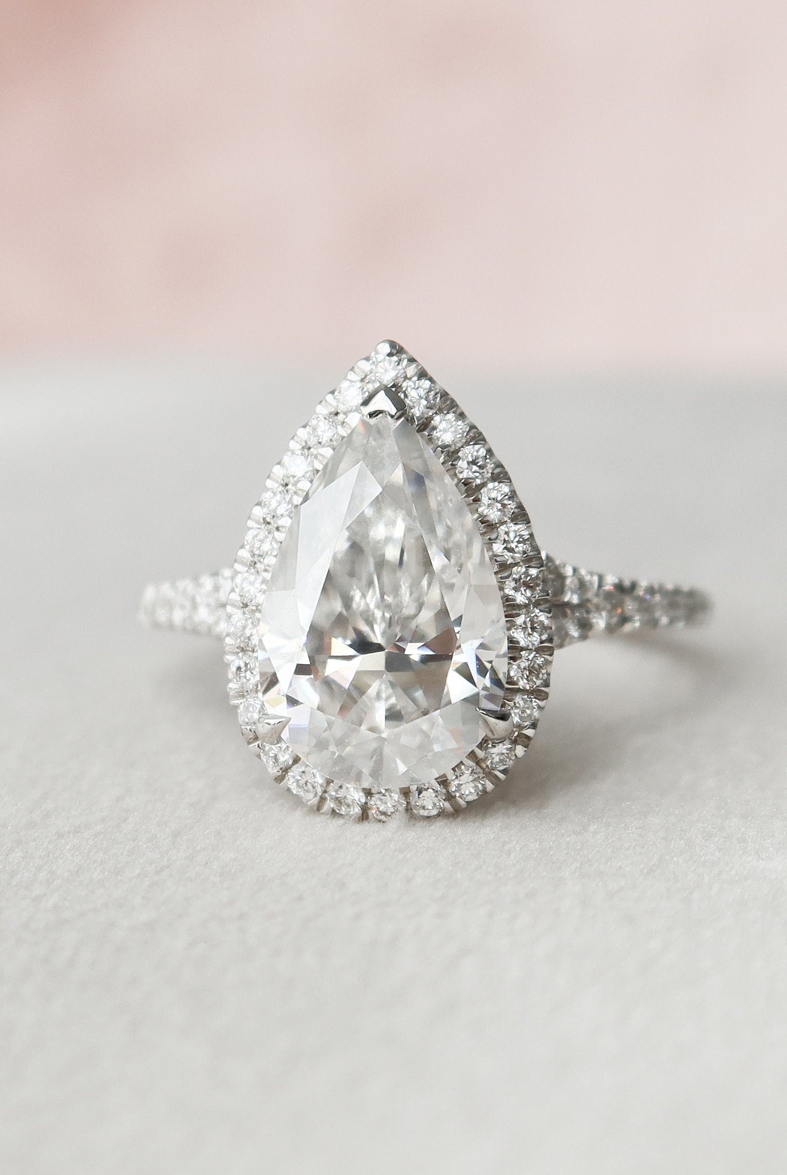 3.0CT Pear Halo Moissanite Diamond Split Shank Engagement Ring In Solid Gold