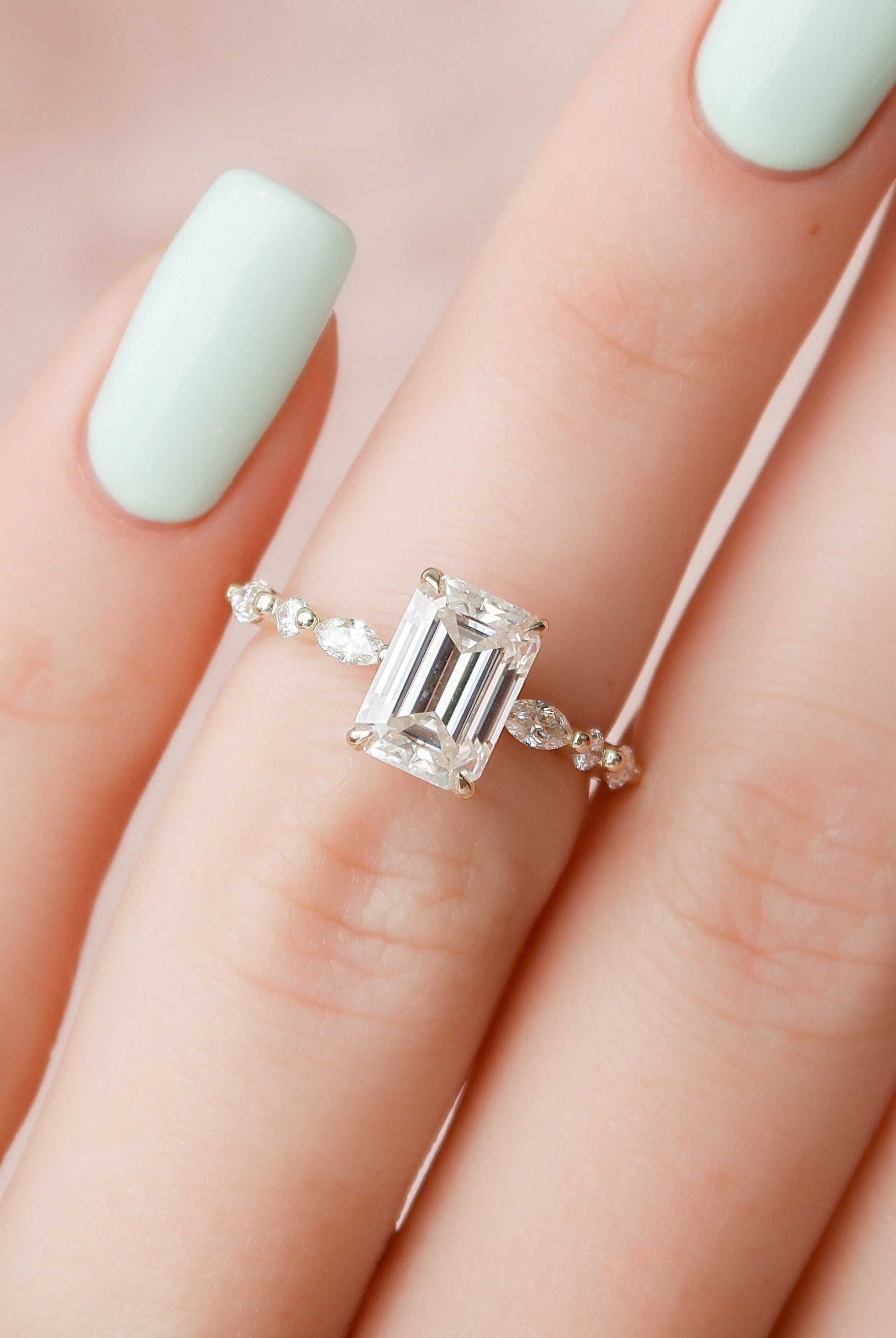 2.0CT Hidden Halo Emerald Cut Pave Moissanite Diamond Engagement Ring