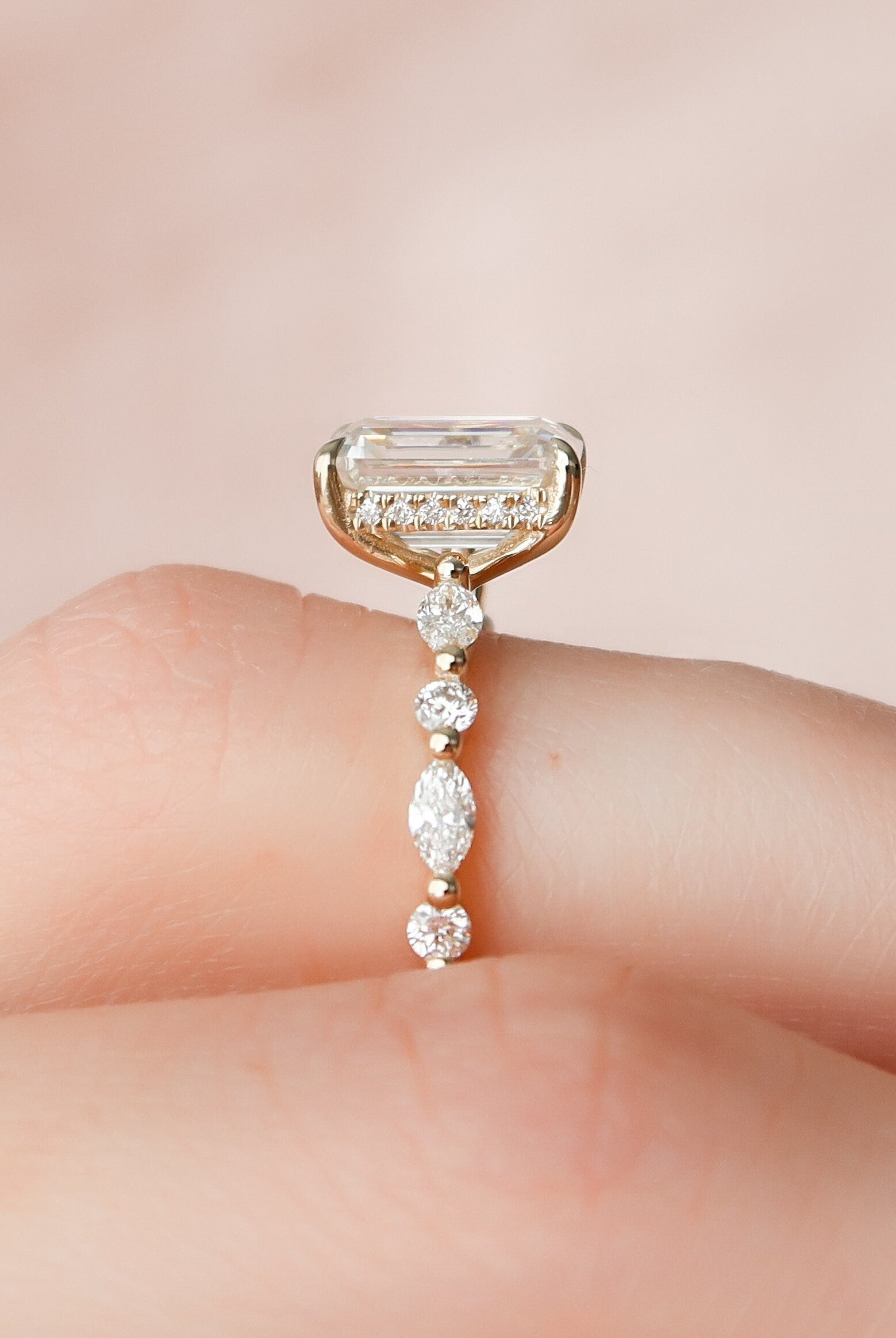 2.0CT Hidden Halo Emerald Cut Pave Moissanite Diamond Engagement Ring