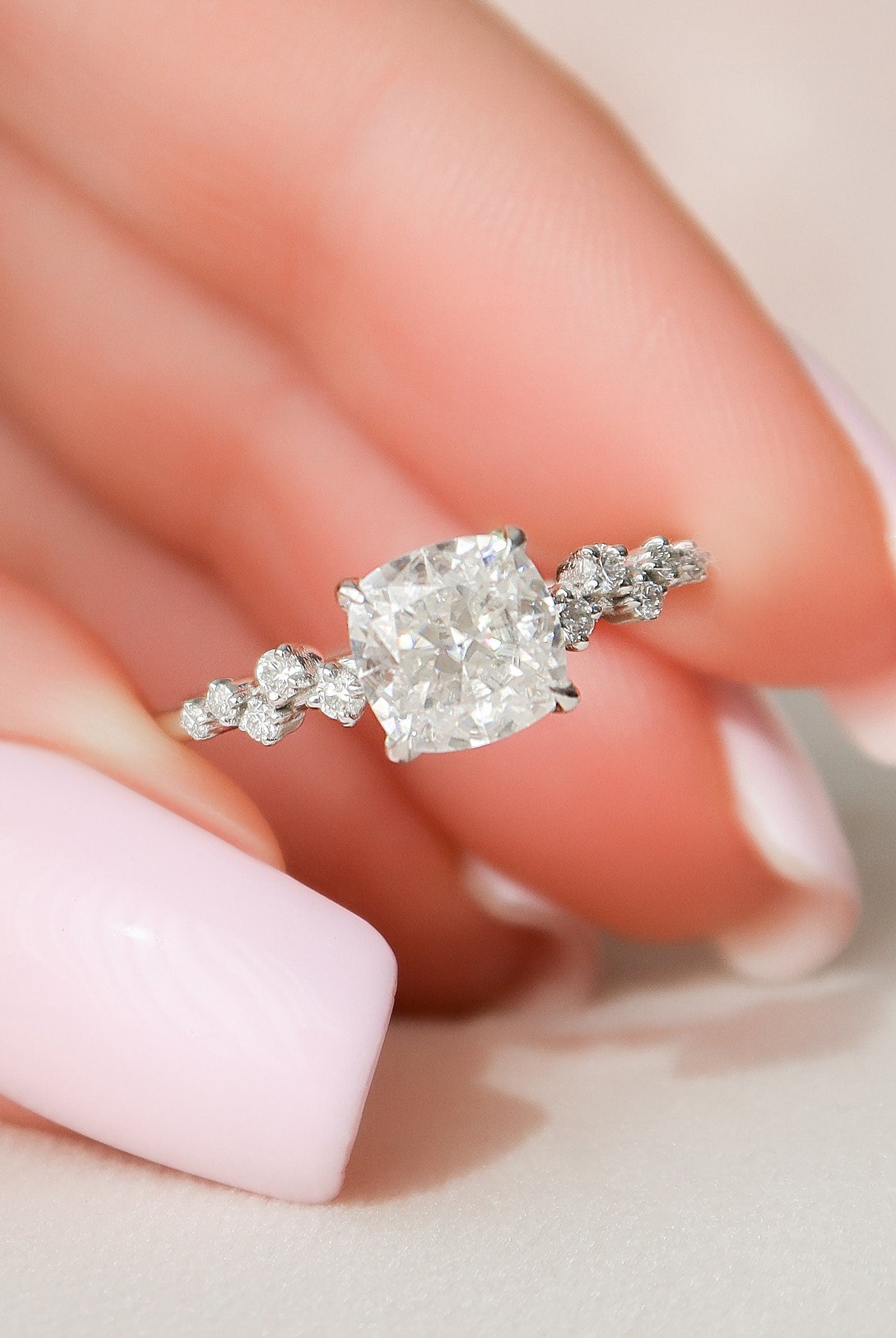1.50CT Cushion Hidden Halo Moissanite Diamond Cluster Engagement Ring
