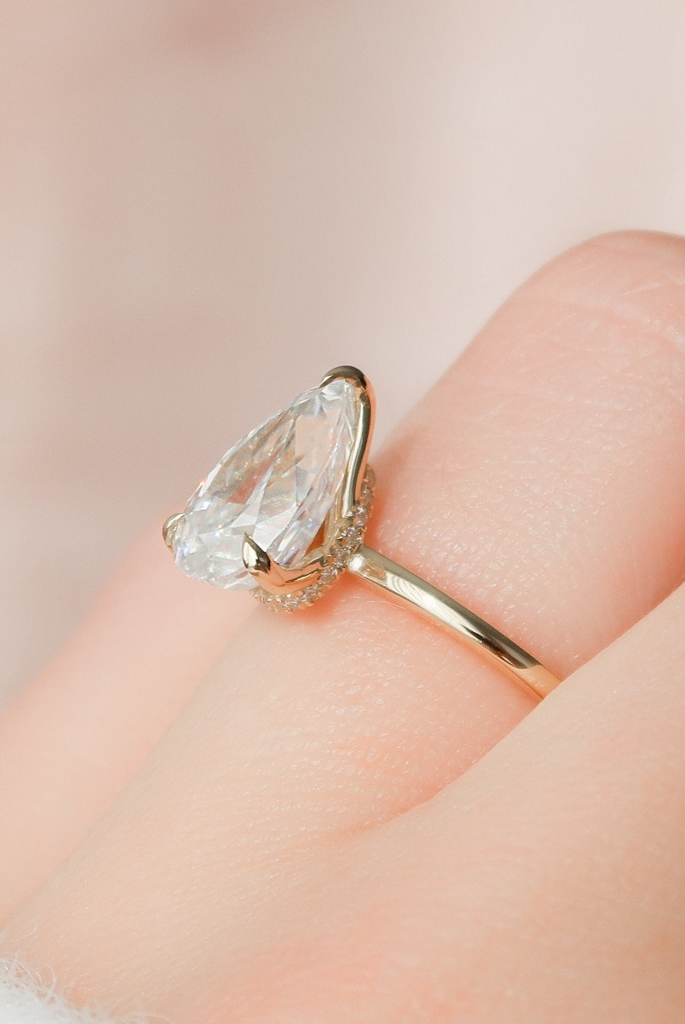 2.0CT Pear Hidden Halo Moissanite Diamond Solitaire Engagement Ring