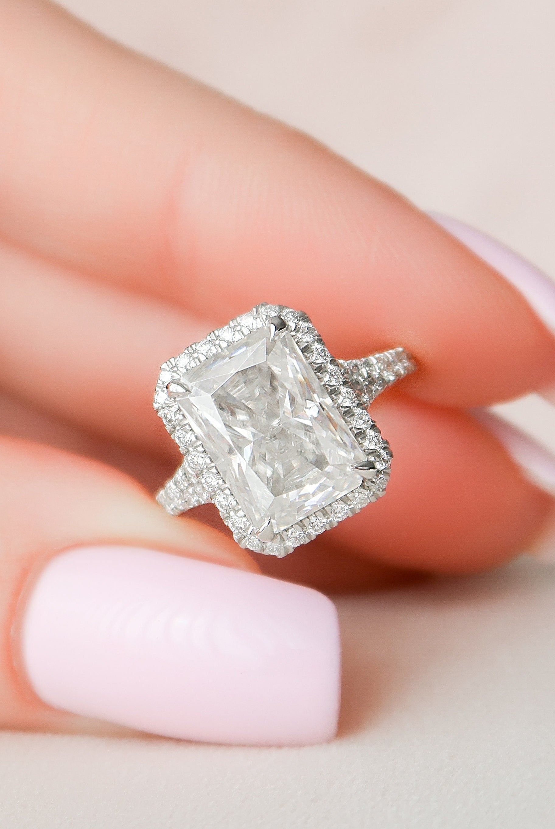 5.50CT Radiant Halo Moissanite Diamond Split Shank Engagement Ring