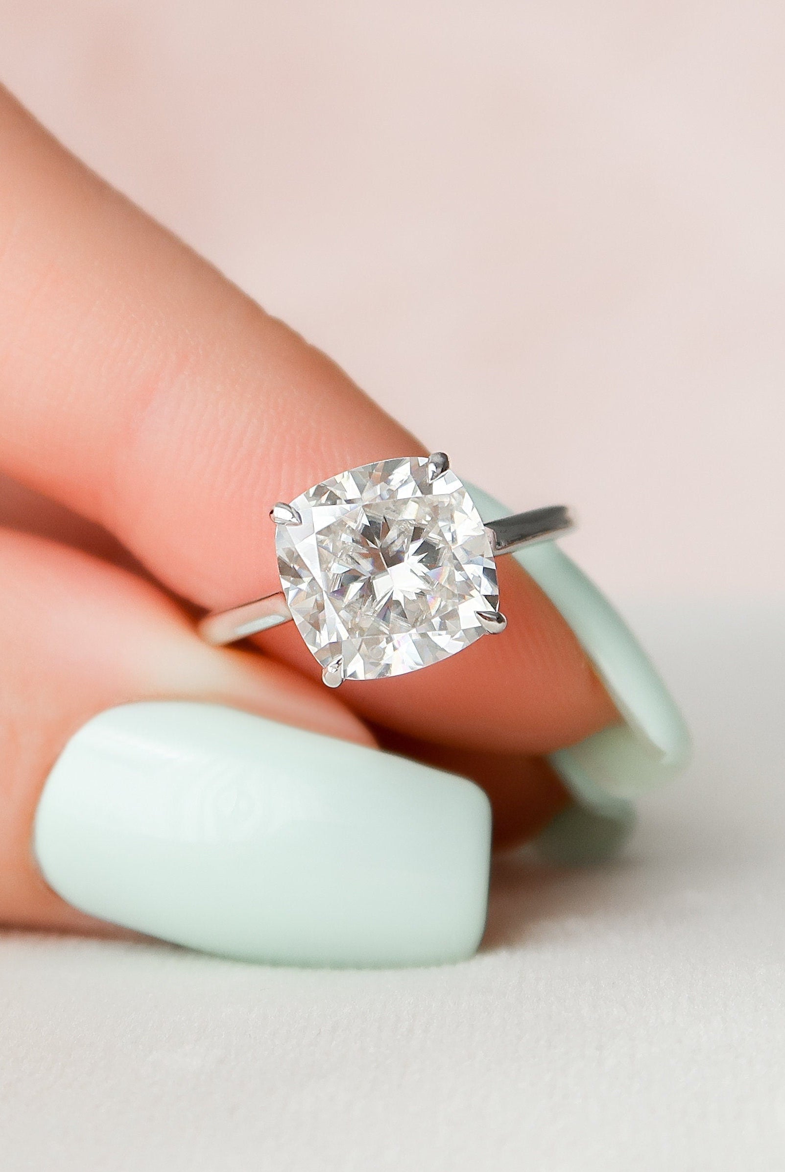 4.0CT Cathedral Set Cushion Moissanite Diamond Hidden Halo Engagement Ring