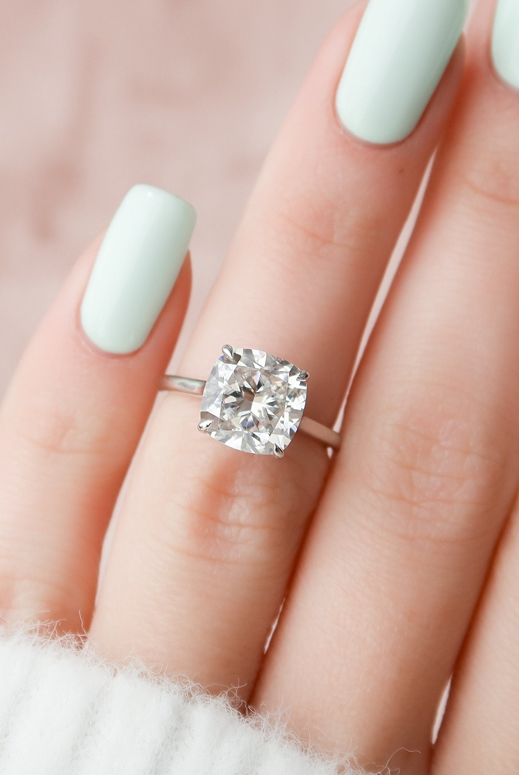 4.0CT Cathedral Set Cushion Moissanite Diamond Hidden Halo Engagement Ring