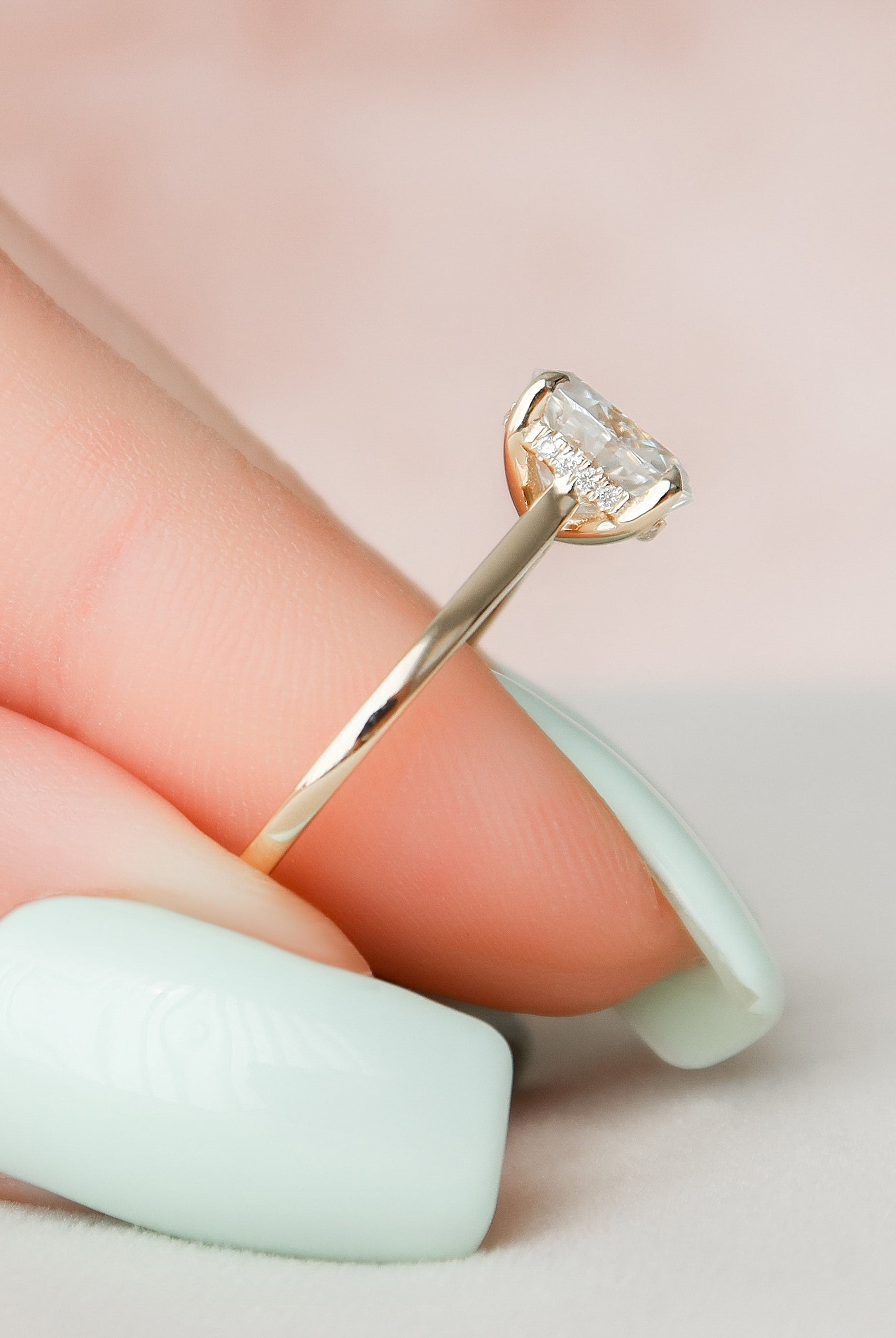 1.5CT Cathedral Set Oval Moissanite Diamond Hidden Halo Engagement Ring