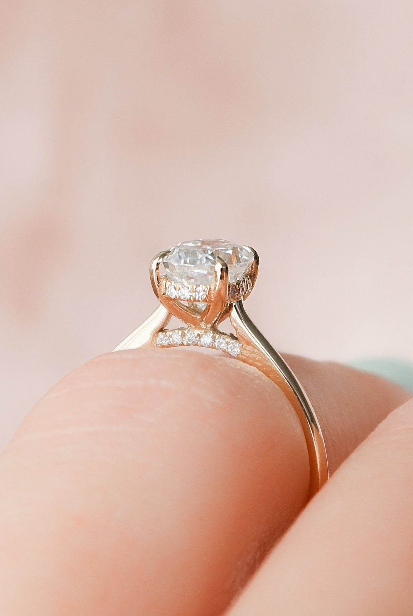 1.5CT Cathedral Set Oval Moissanite Diamond Hidden Halo Engagement Ring