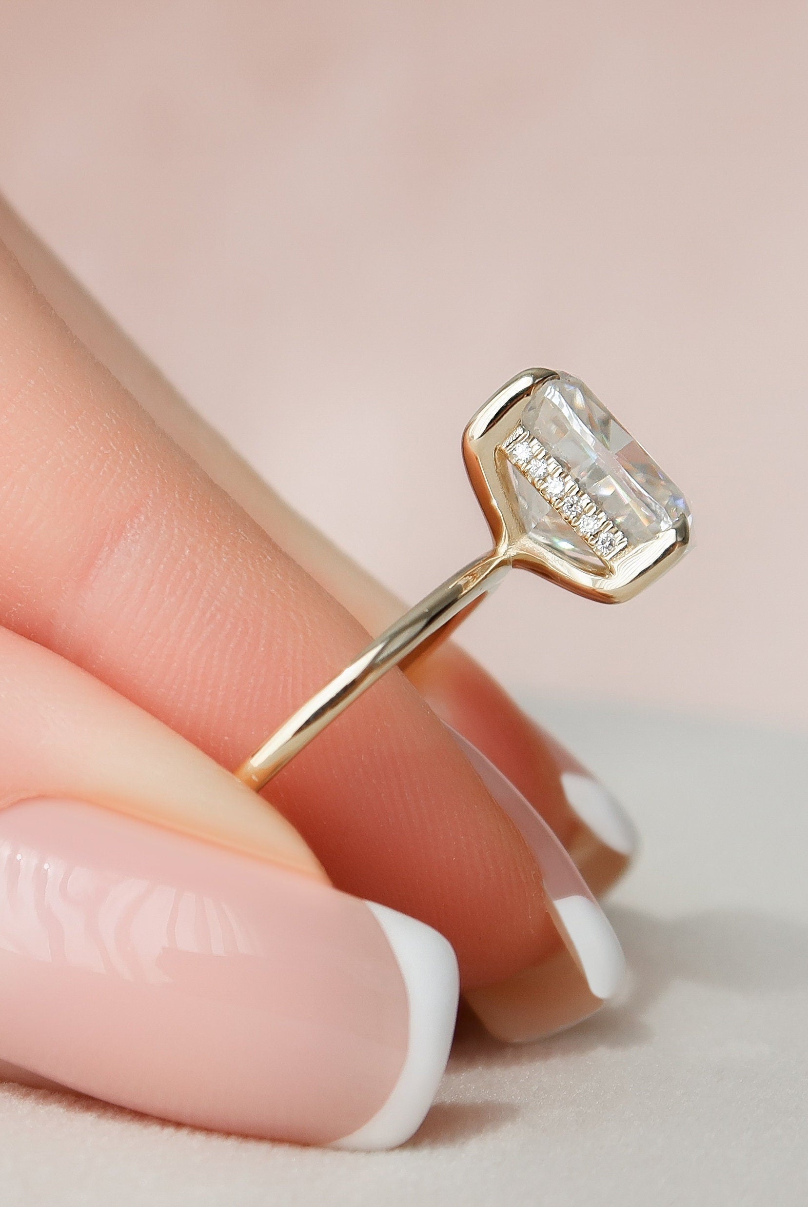 4.50CT Elongated Cushion Solitaire Moissanite Diamond Hidden Halo Engagement Ring