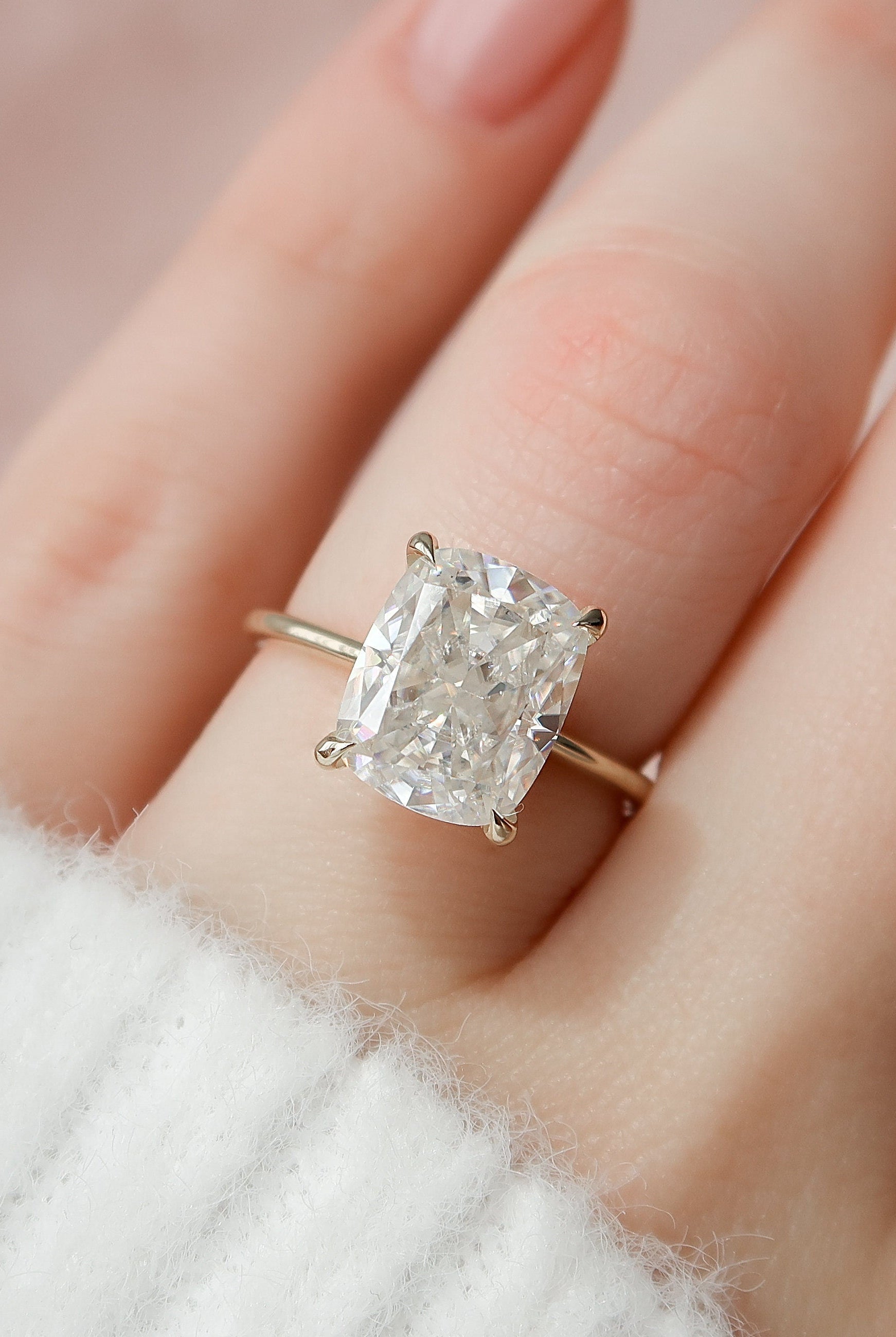 4.50CT Elongated Cushion Solitaire Moissanite Diamond Hidden Halo Engagement Ring